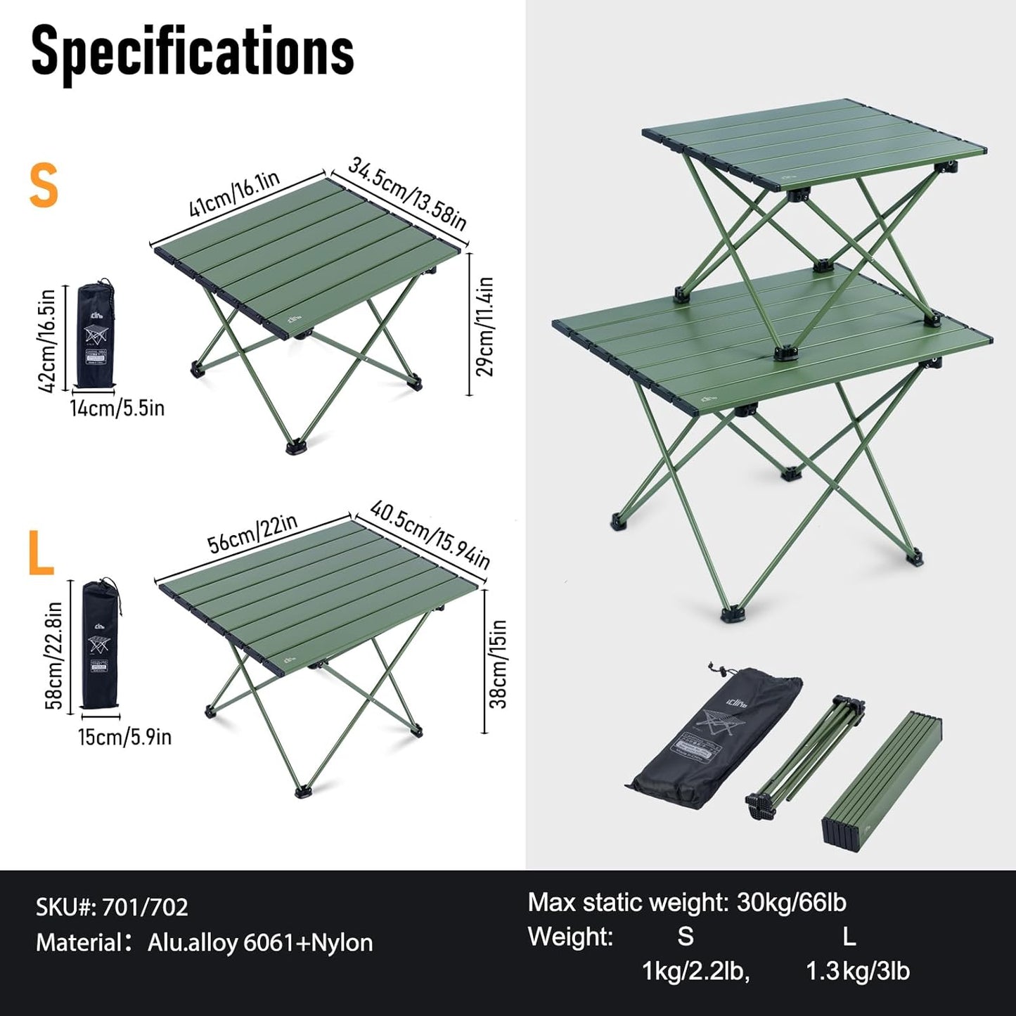 iClimb Ultralight Compact Camping Folding Table with Carry Bag (Green - S)