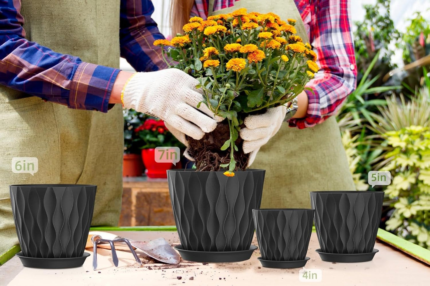 4/4.5/5/5.5/6/6.5/7 Inch Plant Pots,7 Pack Flower Pots with Drainage Holes and Trays,Plastic Planters for Indoor Outdoor Plants Growth,Black