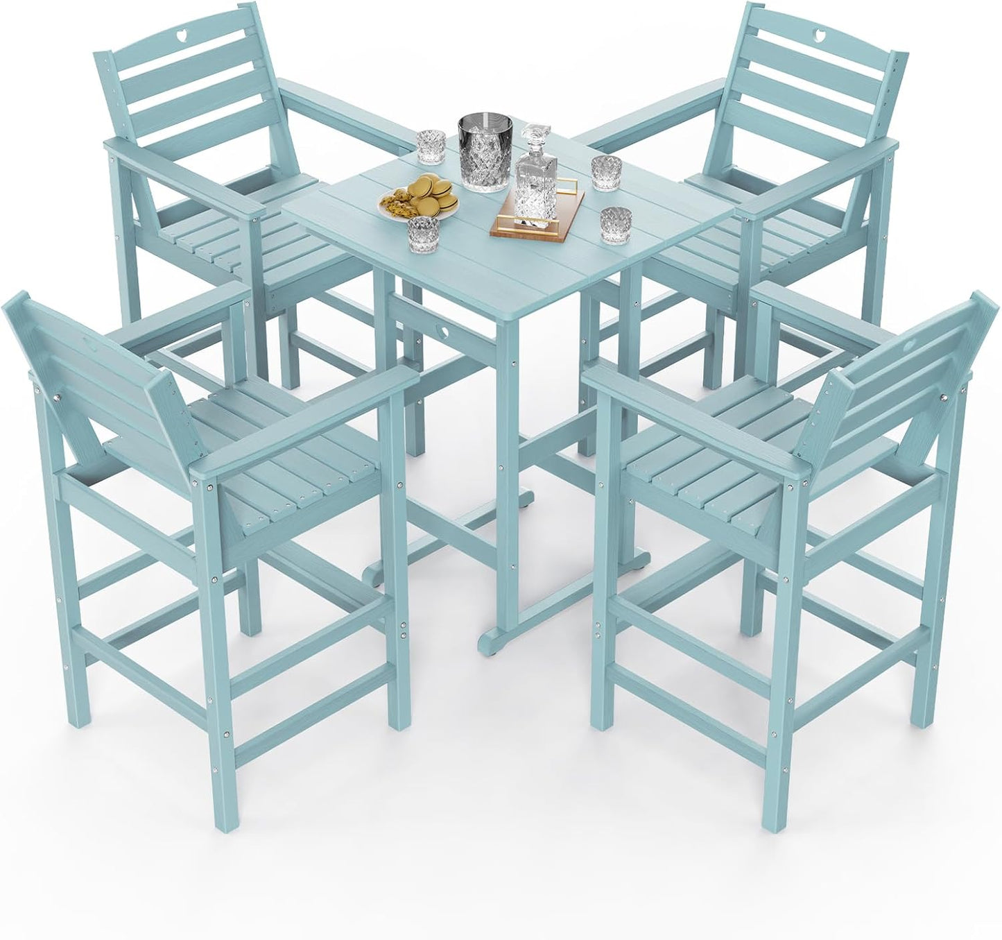 5-Piece Bar Height Outdoor Table and Chairs Set, HDPE Wood Grain Patio Bar Table and Chairs with Heart Cutout Design, Weather-Resistant Bar Height Furniture for Deck, Porch, Pool (Light Blue)