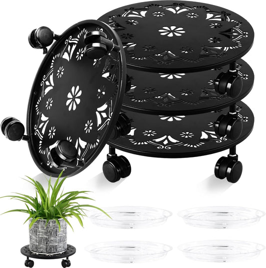 4 Pack Rolling Plant Caddy with Wheels 12 Inch, Plant Rollers with Wheels Metal Plant Caddy with Wheels Heavy Duty Plant Stand for Large Plants, Matte Black Rolling Planter Base, 4 Wheels for Planters