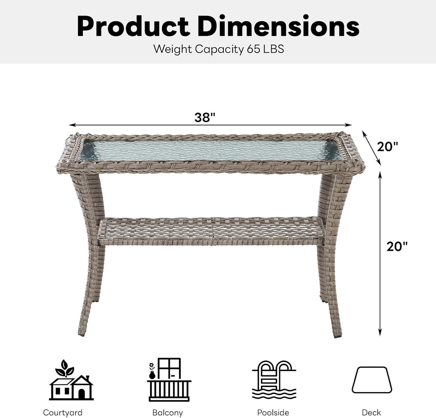 38 Inch Outdoor Coffee Table with 2 Tier Storage - Wicker Coffee Table with Water Ripple Texture Tempered Glass Top, All Weather Patio Coffee Table for Deck Porch Balcony Garden Gray