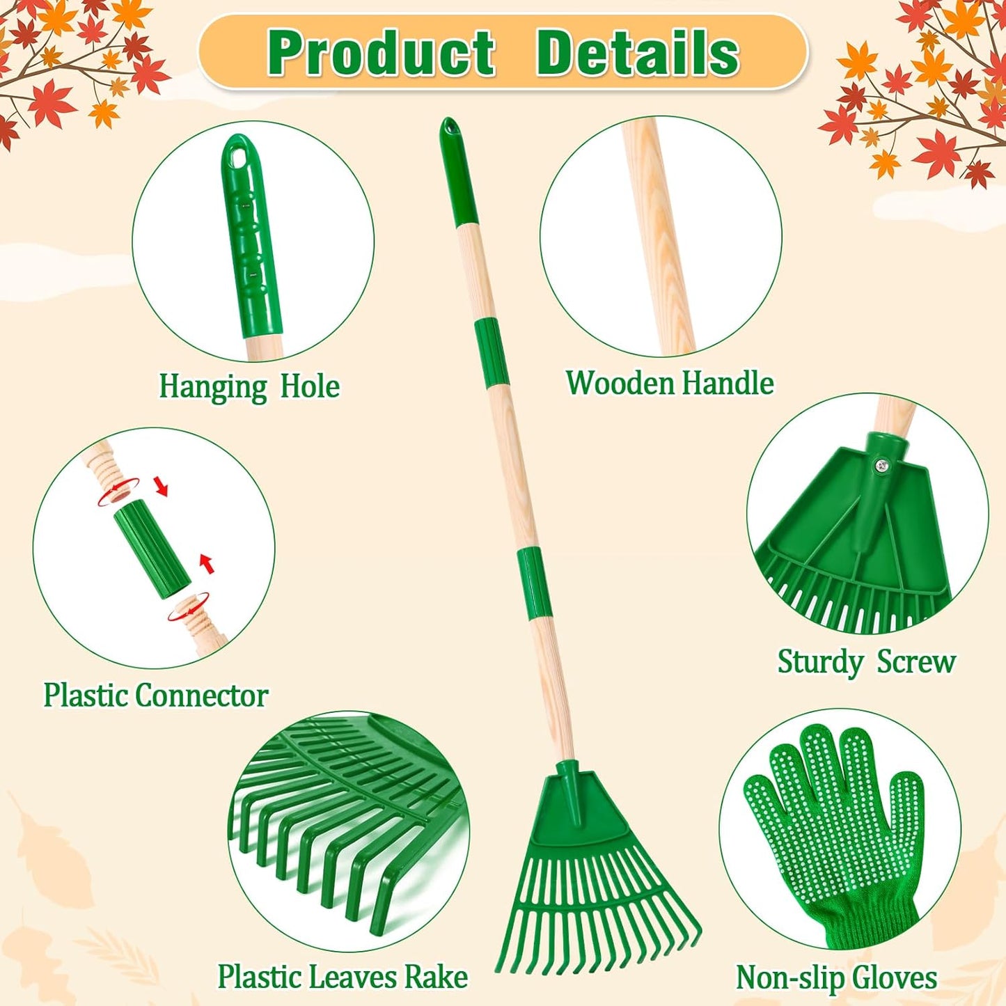 2 Pcs 35'' Kids Rakes for Leaves - Plastic Rake Head with 2 Pairs Kids Gloves, Small Kids Lawn Rakes Detachable Wooden Handle, Autumn Garden Tool Set for Kids Boys and Girls, Green, 3yr+