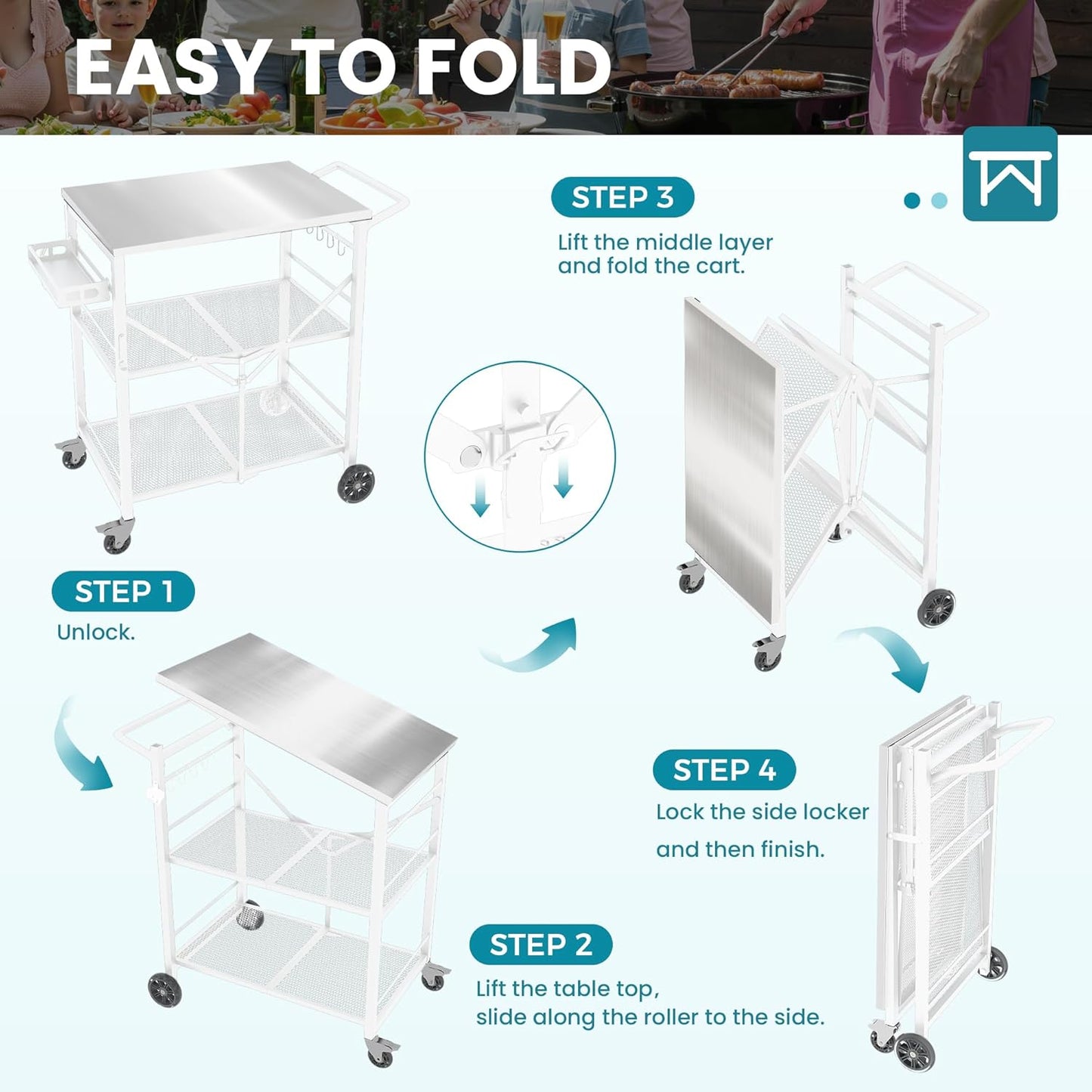 Ciokea Folding Outdoor Grill Cart with Wheels, 3-Shelf Grill Table with 27x18 in Stainless Steel Top, Rolling Pizza Oven Stand, Metal Portable Cart for BBQ Patio Camping (White)