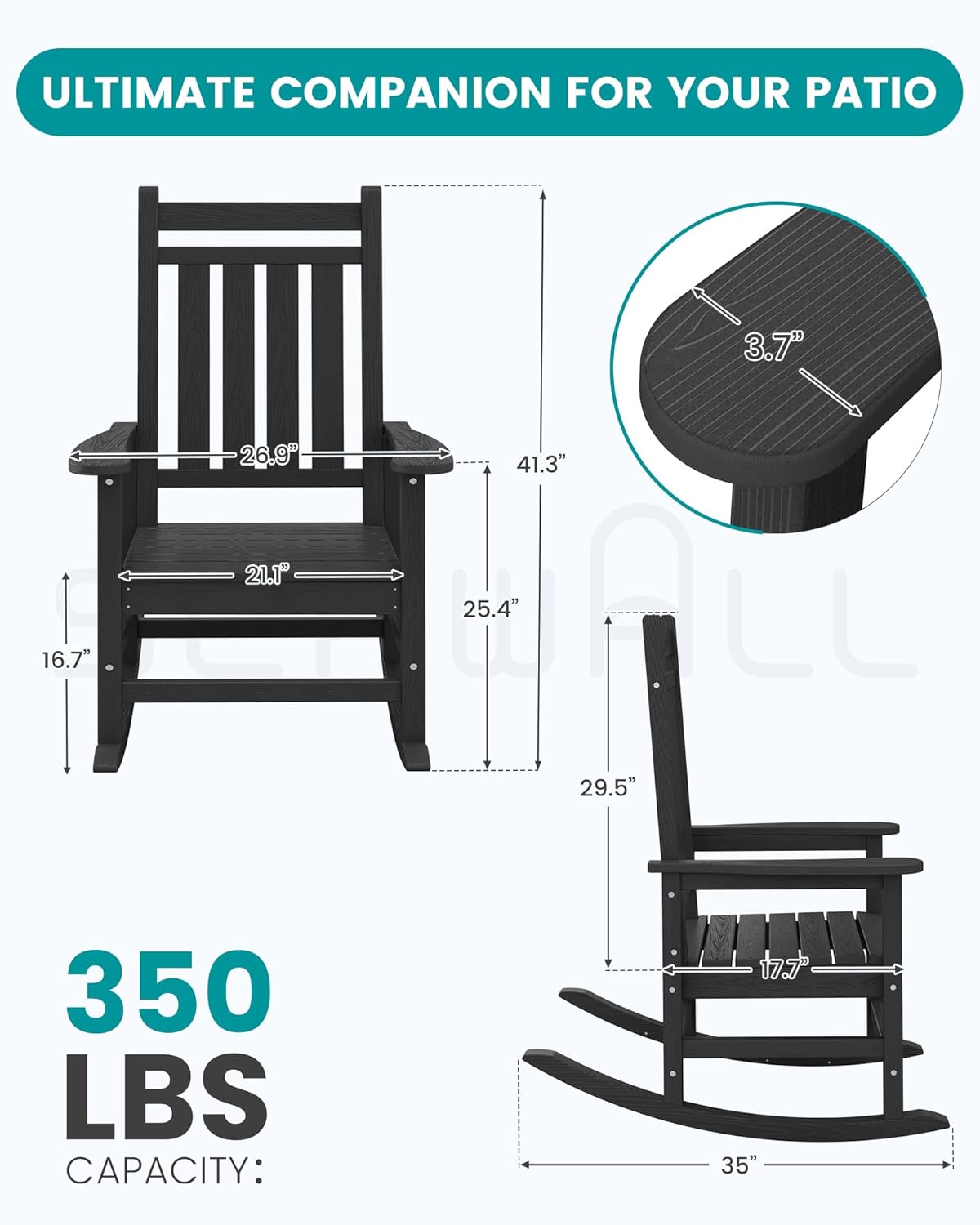 SERWALL HDPE Outdoor Rocking Chair Set of 6, Patio Rocking Chairs for Adults, All Weather Outdoor Rockers for Lawn, Black