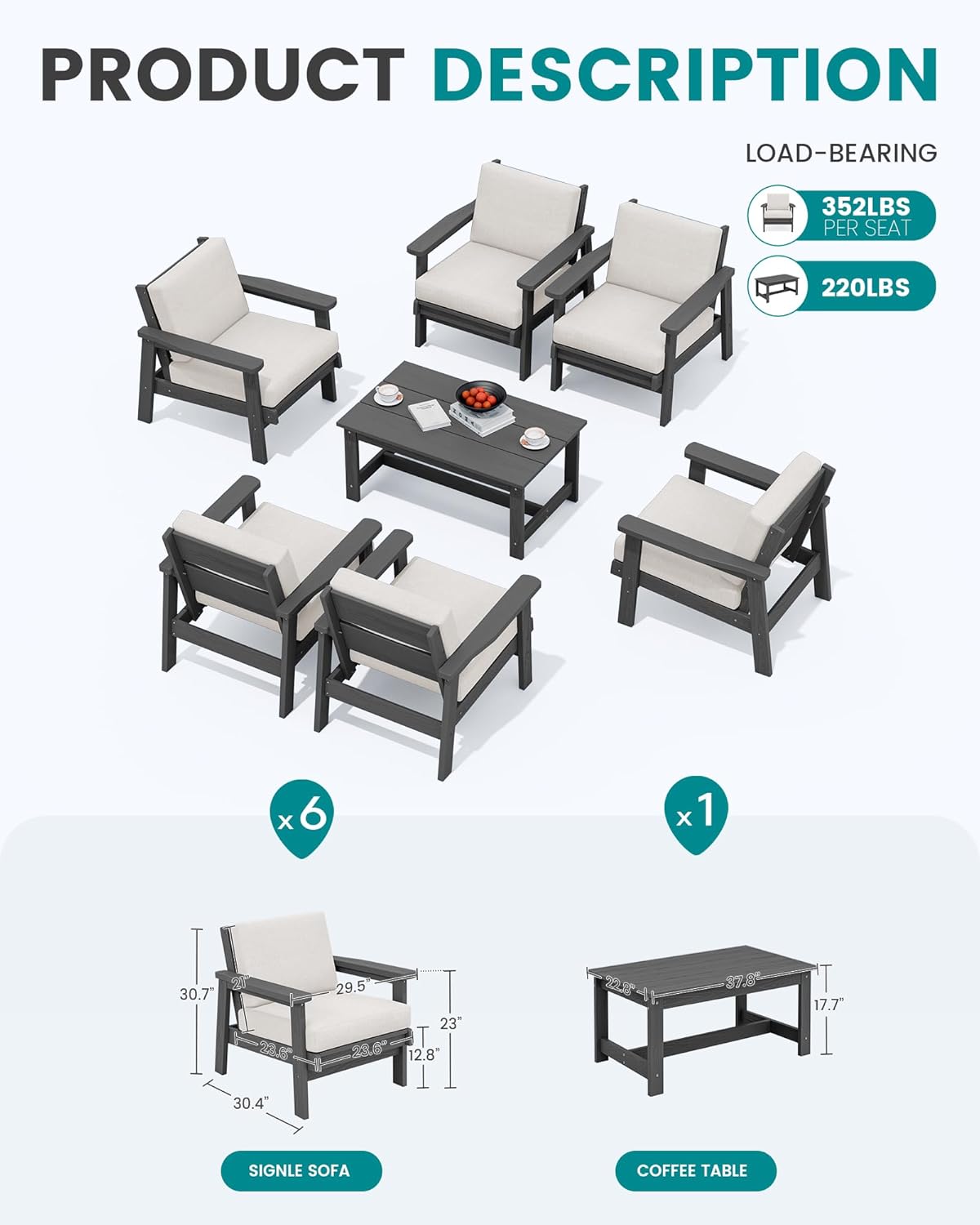 SERWALL HDPE Outdoor Furniture Set, 7 Piece All Weather Wood-Like Outdoor Sofa Sectional Couch, Grey Patio Furniture Set with Khaki Cushions