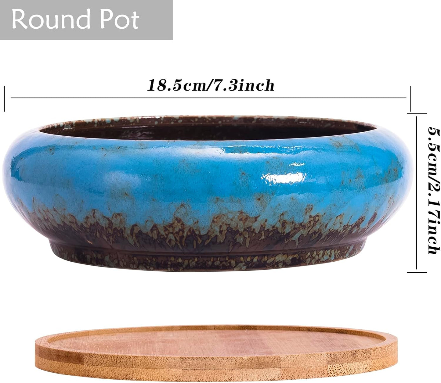 ARTKETTY Succulent Pots, 1 Rectangle Planter + 1 Ceramic Bonsai Pot with Drain Tray, 2 Pack Large Shallow Succulent Planters for Indoor Plants, Round Cactus Flower Plant Pot for Desk Windowsill Decor