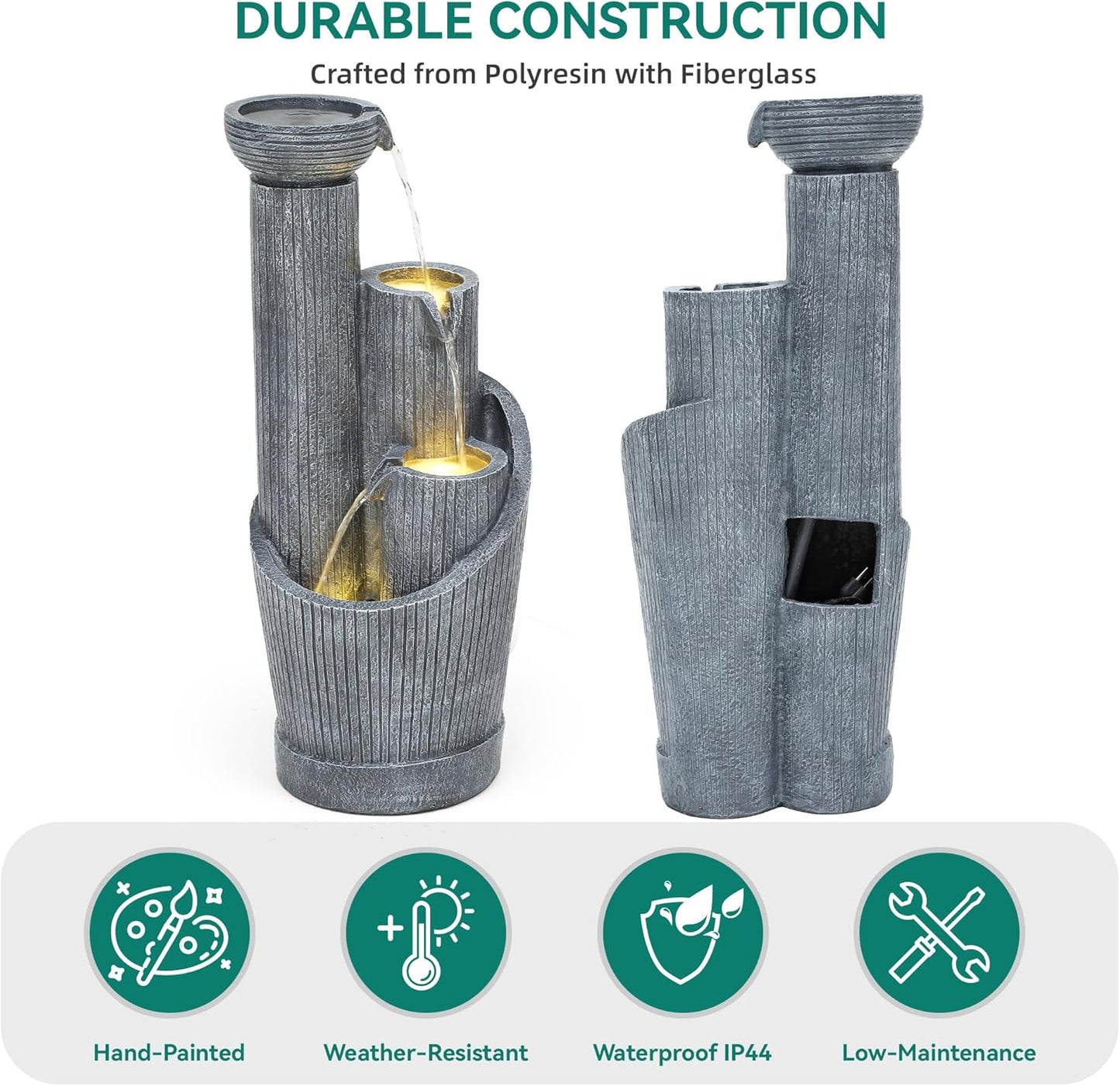 31" Modern Outdoor Water Fountain with LED Lights, 5-Tier Twist Pedestal Bowl Garden Fountain, Cascading Waterfall for Relaxing Garden, Patio, Backyard, Deck, Porch or Home Decor