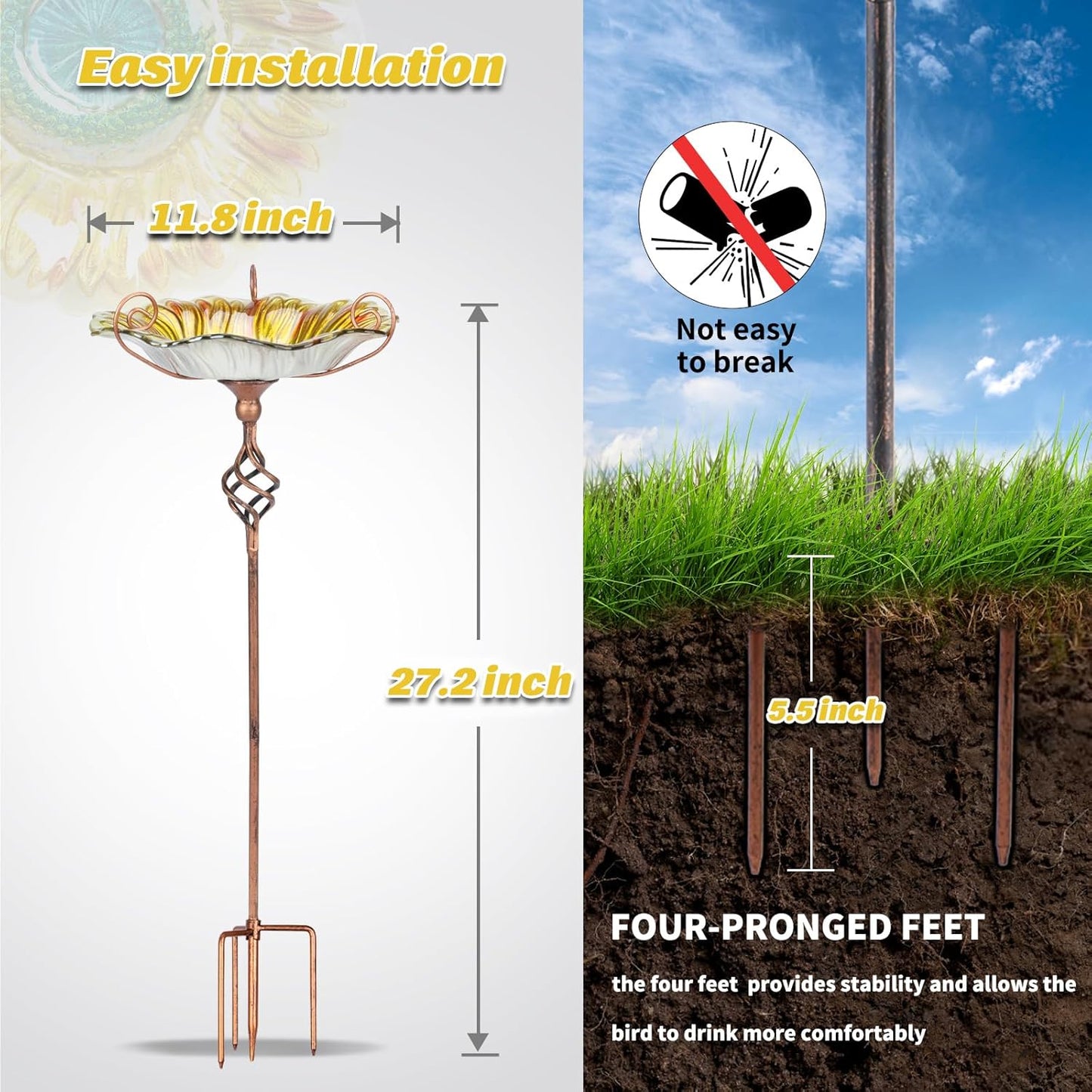 MUMTOP Bird Baths for Outdoors,Outdoor Bird Bath, Glass Birdbath Sunflower Bird Feeders Bowl with Stake for Garden Yard Decor (Yellow)