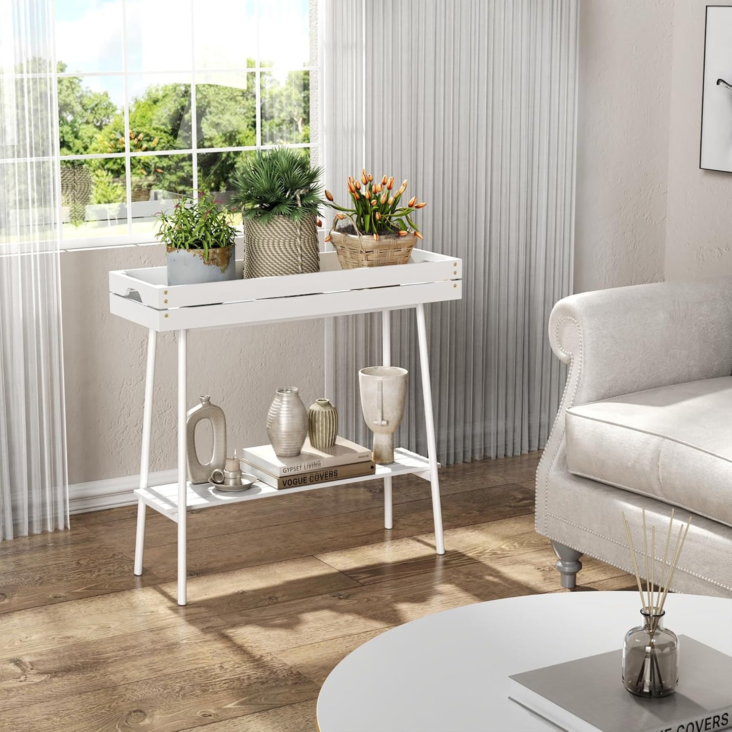 BAMBANG Bamboo Plant Stand Indoor, 2 Tier Small Plant Table, Tall Plant Stand for Indoor Plants, Window Sill Plant Shelf, Flower Pot Holder Plant Bench Plant Rack for Living Room Outdoor, White