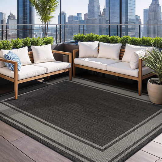Beverly Rug Large Outdoor Rug 9x12 Modern Bordered Area Rugs for Indoor and Outdoor Patio Deck Porch Garden Waterproof Weather Sun Resistant Washable Outside Carpet (9 x 12 Dark Gray)