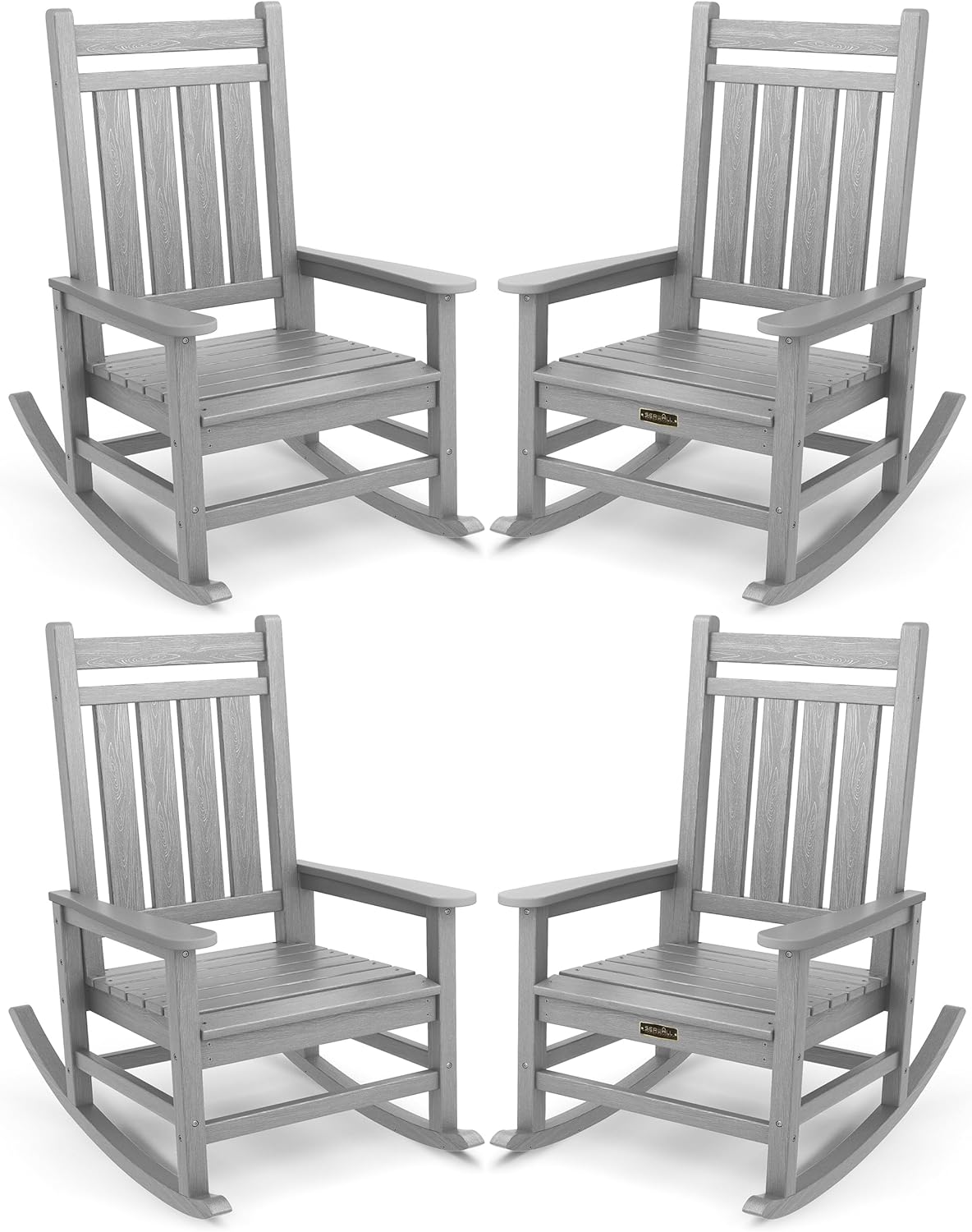 SERWALL Oversized Outdoor Rocking Chair Set of 4, HDPE Rocker for Adults, Patio Rocking Chairs for Porch, Sliver Gray