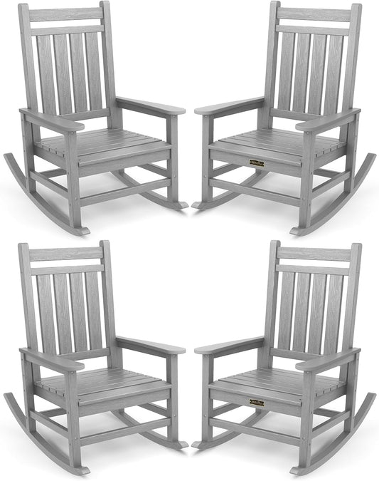 SERWALL Oversized Outdoor Rocking Chair Set of 4, HDPE Rocker for Adults, Patio Rocking Chairs for Porch, Sliver Gray