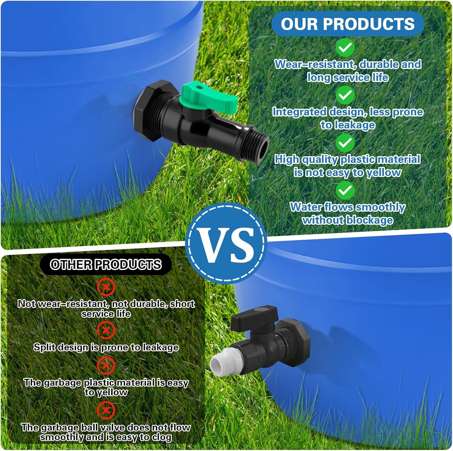 Plastics Rain Barrel Spigot Kit,High Flow Valve Core Water Tank Faucet+PVC Bulkhead Fitting,Straight Head 3/4 NPT to 3/4 GHT Rain Barrel Spigot for Plastic Bucket rainwater Drum Container