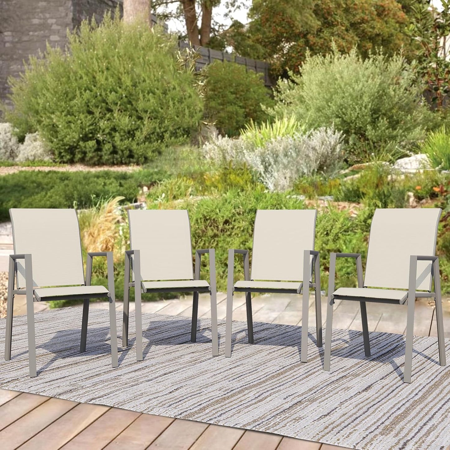 Outdoor Patio Chairs Set of 8, Ivory Beige Stackable Outdoor Chairs, Lightweight Patio Set with High Back, Metal Dining Chair for Lawn, Garden, Yard and Deck