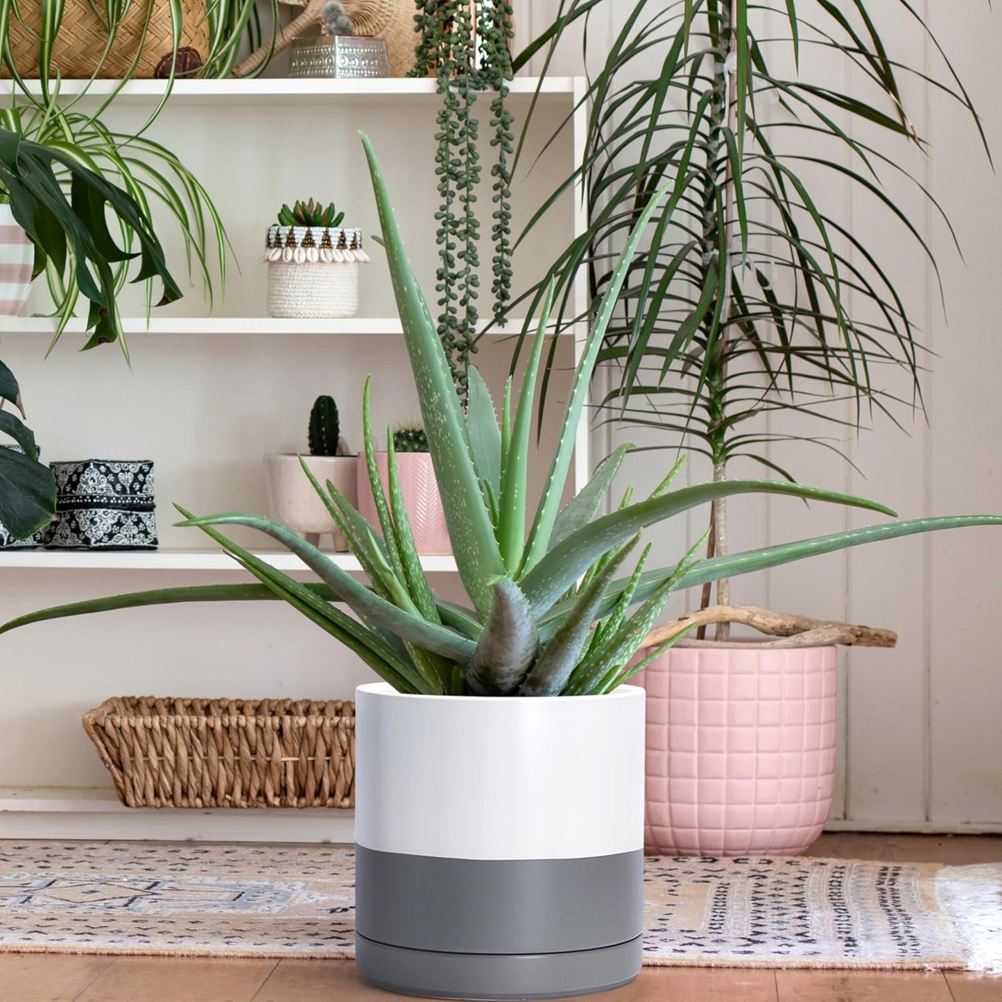 D'vine Dev 8.2 Inch & 10 Inch Ceramic Planter Pot for Plants with Drainage Hole and Saucer, Large Plant Pots Set, White/Speckled Grey, 94-G-L-6