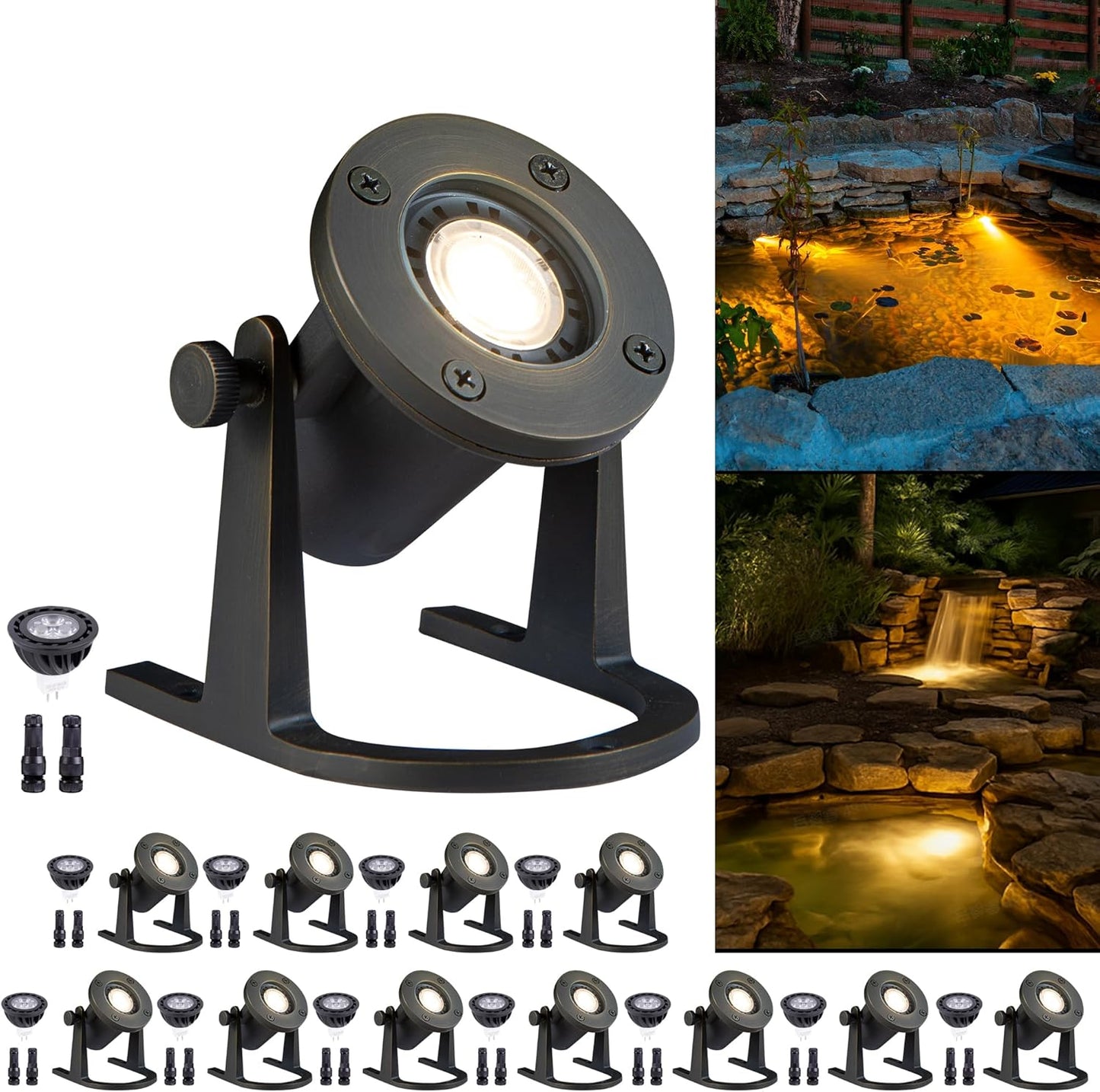Solid Brass Underwater Pond Light - 12V Low Voltage IP68 Submersible Bronze Fixture, with 5000K MR16 LED for Outdoor Pond Fountain Waterfall Landscape Lighting(12 Pack)