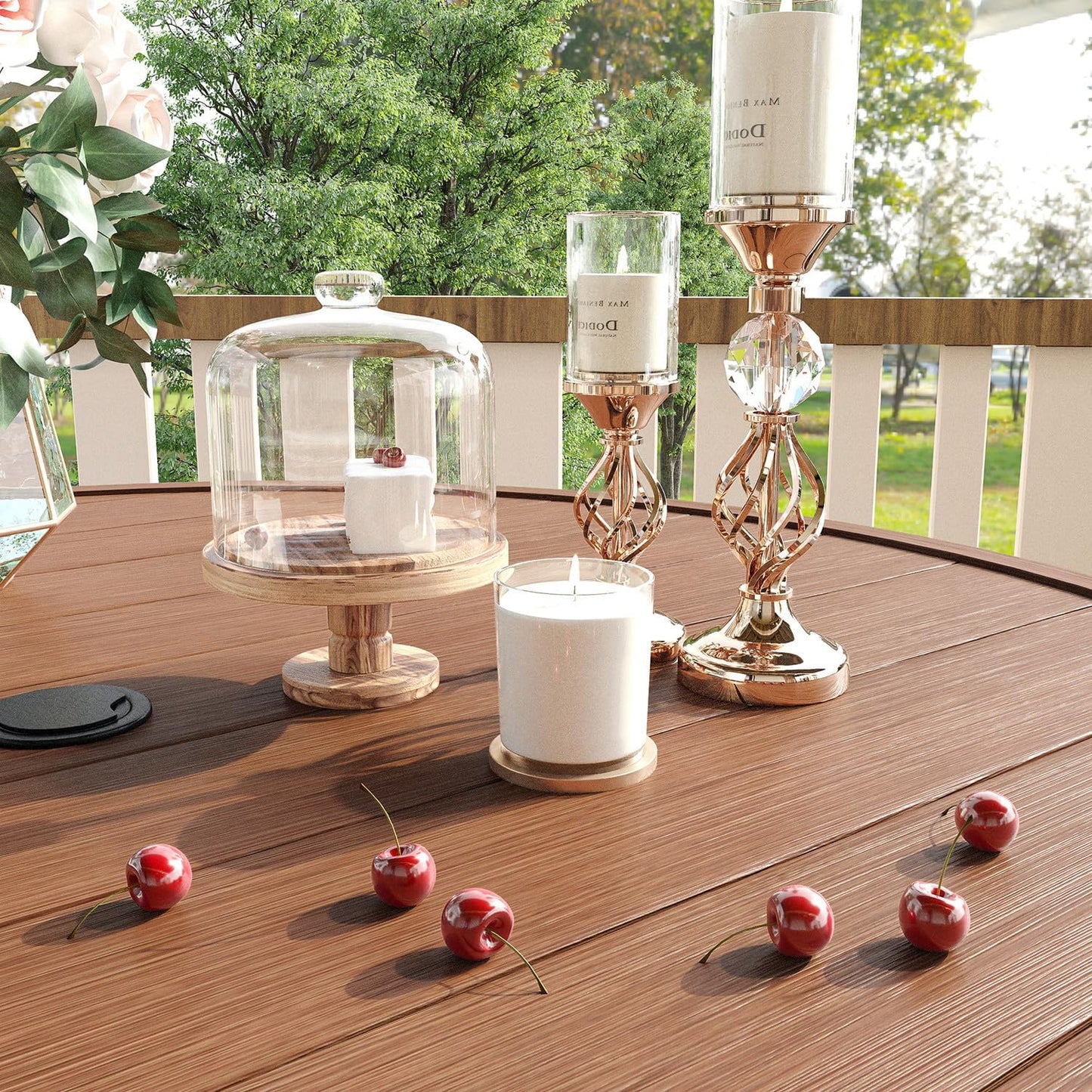 VICLLAX 53" Outdoor Round Patio Table for Lawn Garden, All Weather Metal Round Patio Dining Table with Adjustable Umbrella Hole, Patio Table for 8 Person, Walnut Tabletop