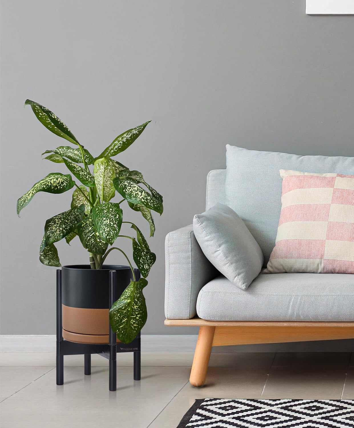 D'vine Dev Ceramic Planter with Ebony Stand - 10 Inch Modern Round Flower Pot with Wood Planter Holder, Black/Speckled Tan, 55-B-L-7