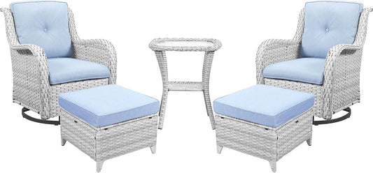 Outdoor Swivel Rocker Furniture 5 Pieces Patio Wicker Furniture Sets, Rattan Patio Swivel Glider Chairs with 2 Ottoman and Glass Side Table