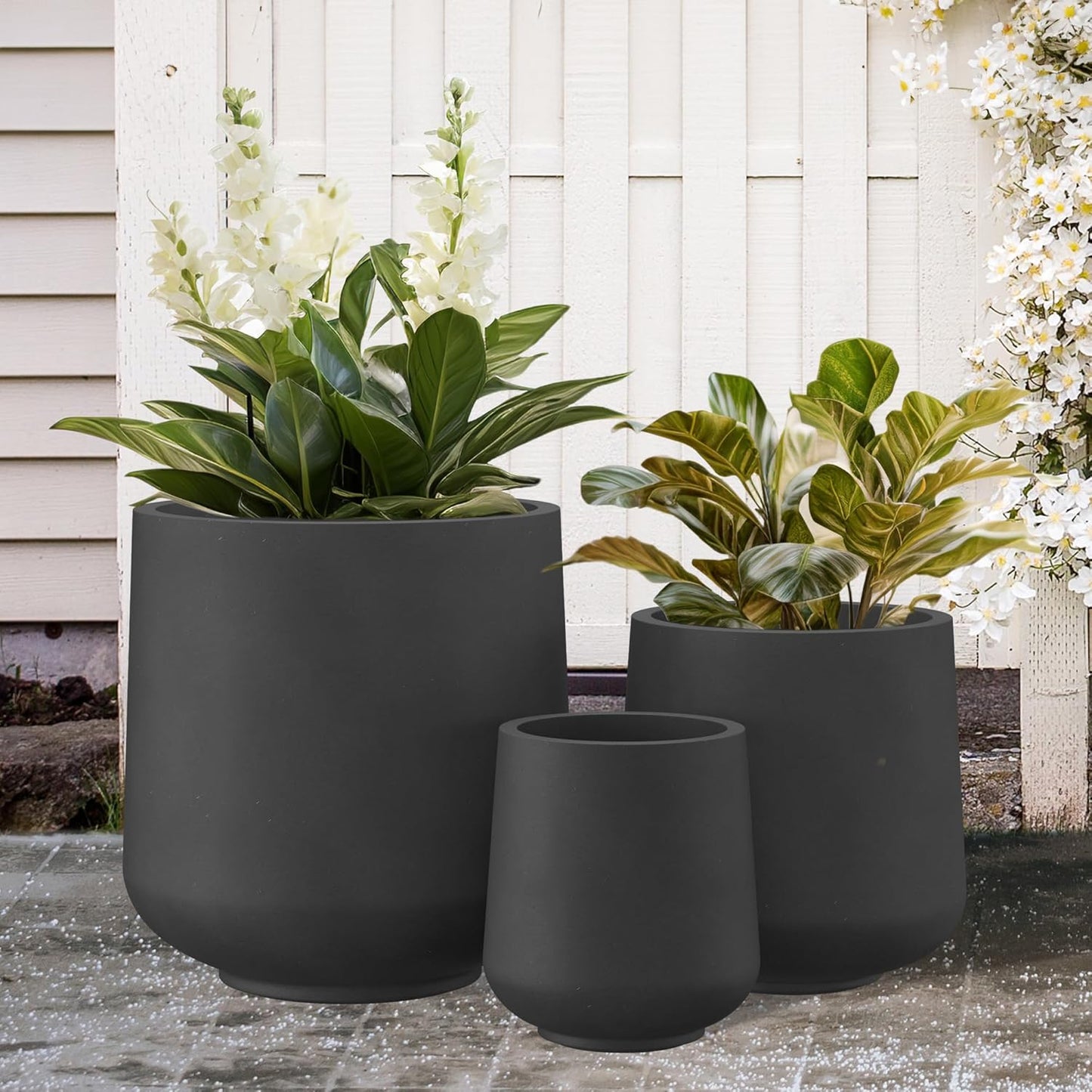 Kante 15.3"+11.6"+8.2" Dia Round Concrete Planter, Large Outdoor Indoor Planter Pots Containers with Drainage Holes and Rubber Plug for Home Garden Patio, Black