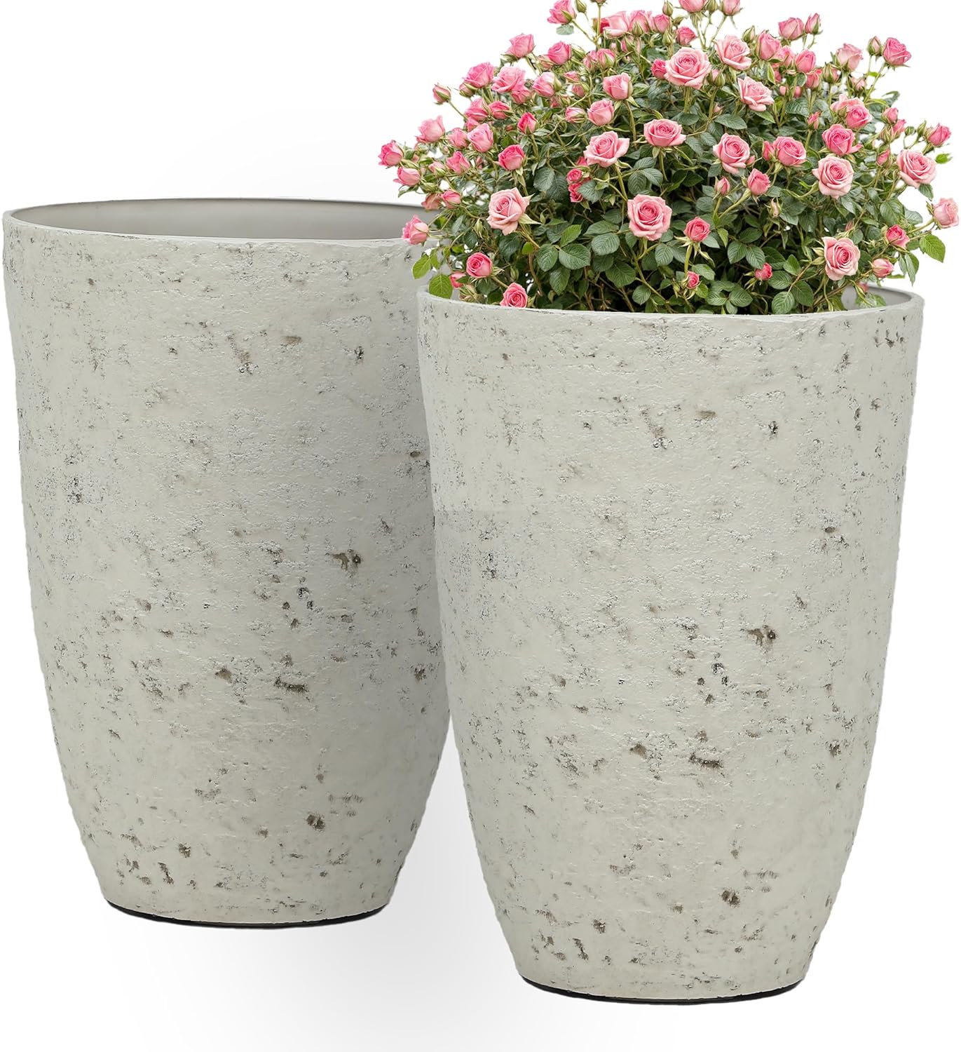 19.5" H Resin Tall Outdoor Planters, Set of 2 Country White Large Flower Pots with Handmade Birch Bark Texture, Heavy-Duty and Weather-Resistant for Year Round Indoor/Outdoor Space