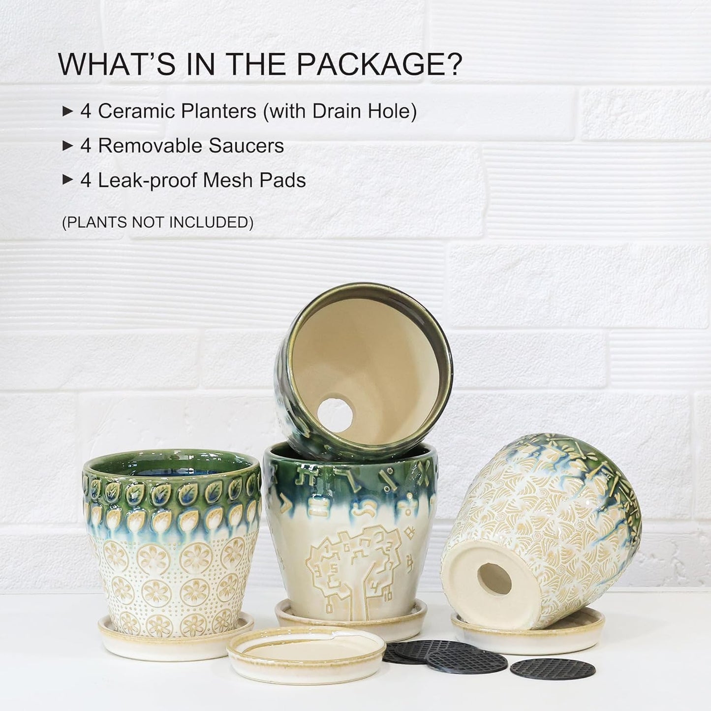 Succulent Planter 4 inch, Succulent Pot with Drainage Holes, Saucers and Mesh Pads for Indoor Plants, Ceramic Pot for Indoor Plants- Set of 4