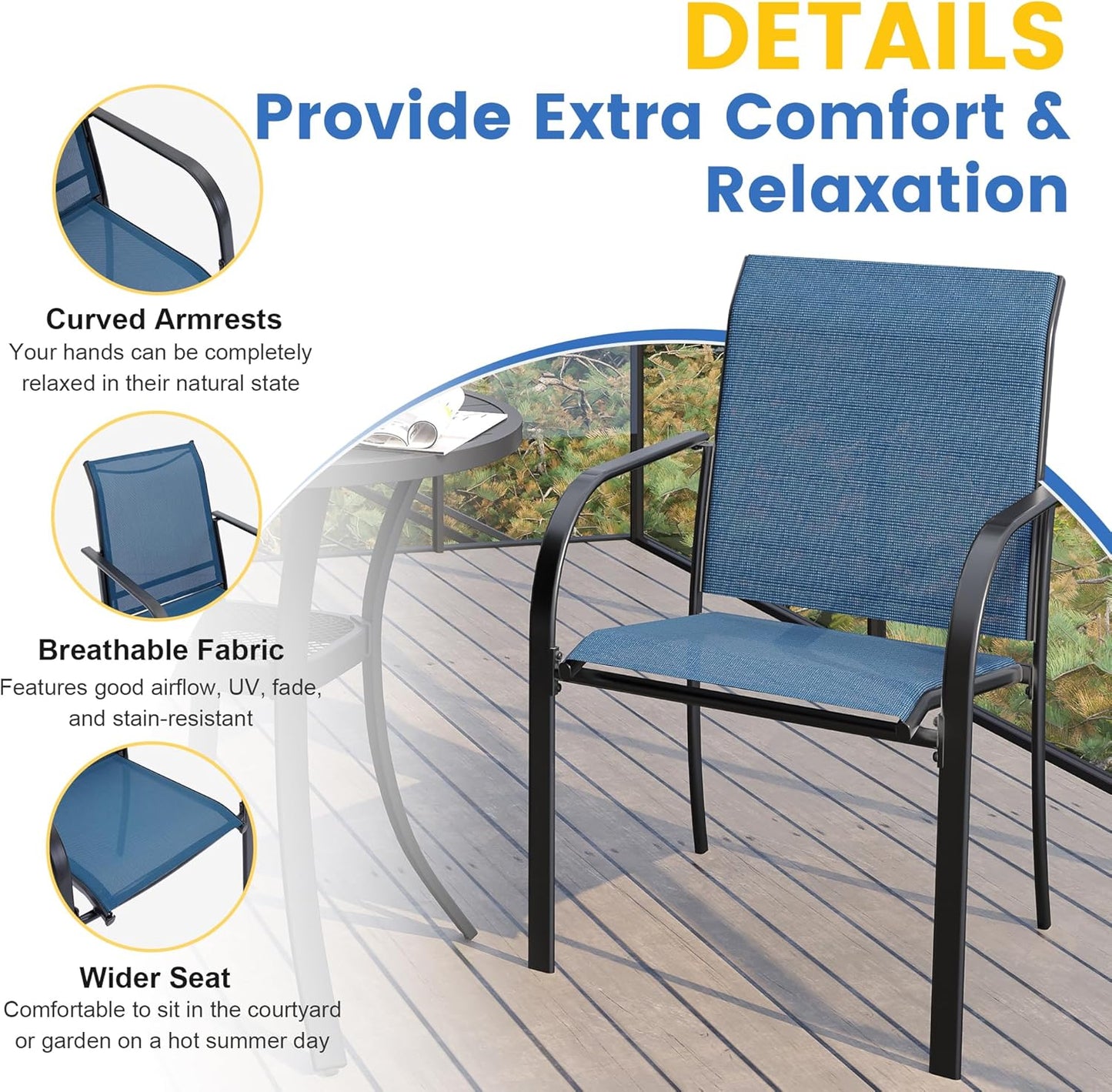 VICLLAX 5 Pieces Patio Dining Set for 4, Outdoor Furniture Set Includes 37.8" Square Outdoor Table and 4 Stackable Patio Sling Chairs, Black Tabletop and Blue Fabric