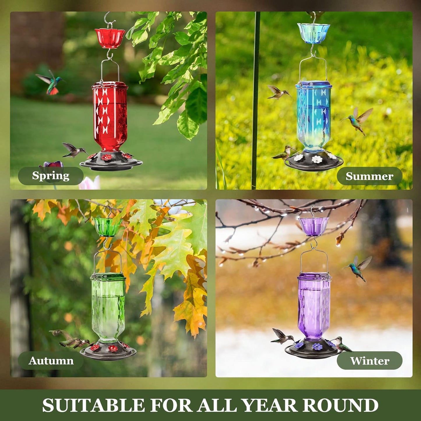 Kingsyard 2 Pack Glass Hummingbird Feeder for Outdoor Hanging, 24 Ounces, 6 Feeding Ports, Bird Nectar Feeder for Garden Décor, Ant Moat Included, Green & Blue