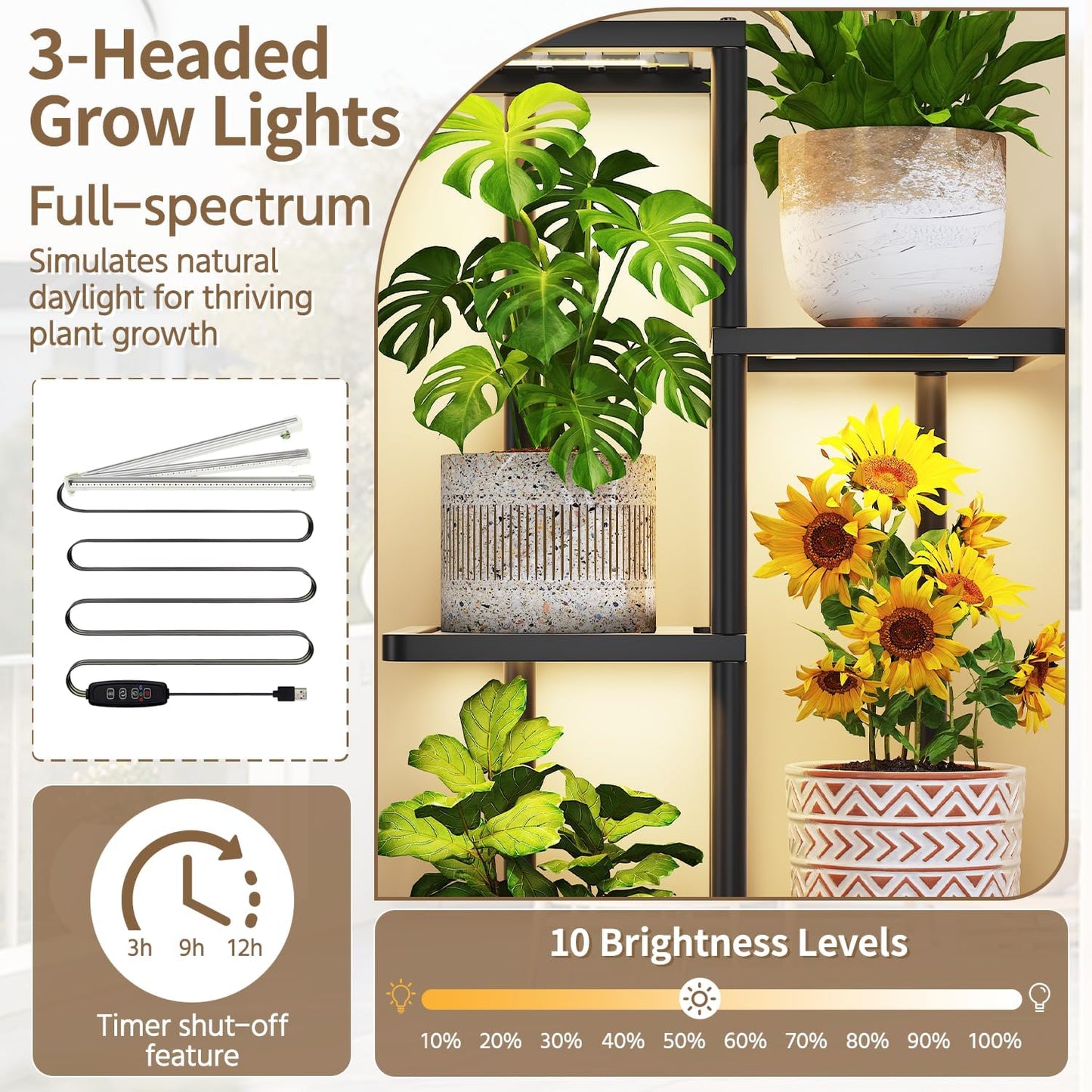 LASZOLA 6 Tier Plant Stand Indoors Outdoors with Light for Large Heavy Duty Planter, Black Metal Tall Flower Holder Rack for Modern House Corner, Vertical Iron Organizer with Multiple Rustic Shelf