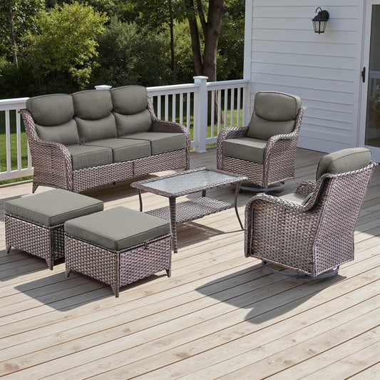 Wicker Outdoor Patio Furniture Set - 6 Piece Patio Conversation Sets with Swivel Rocker Chairs, Ottomans, Sofa and Table, 6 inch Cushions, Deep Seating, for Porch Deck Brown/Grey