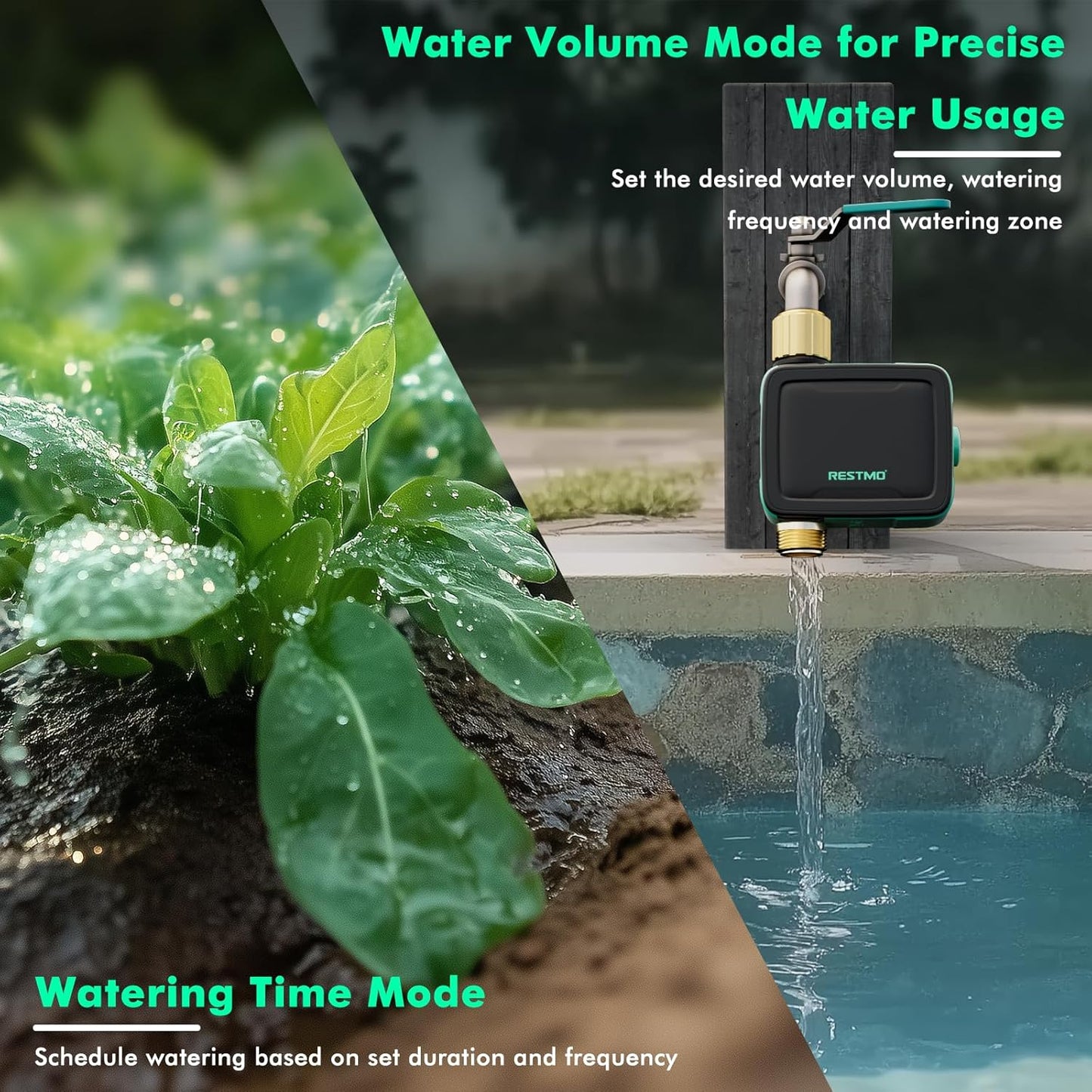 RESTMO Smart Sprinkler Timer with Flow Meter, Water Timer for Garden Hose, Brass Inlet & Outlet, Automatic Lawn & Yard Irrigation Watering System, APP Remote Control (2.4Ghz WiFi Connection)