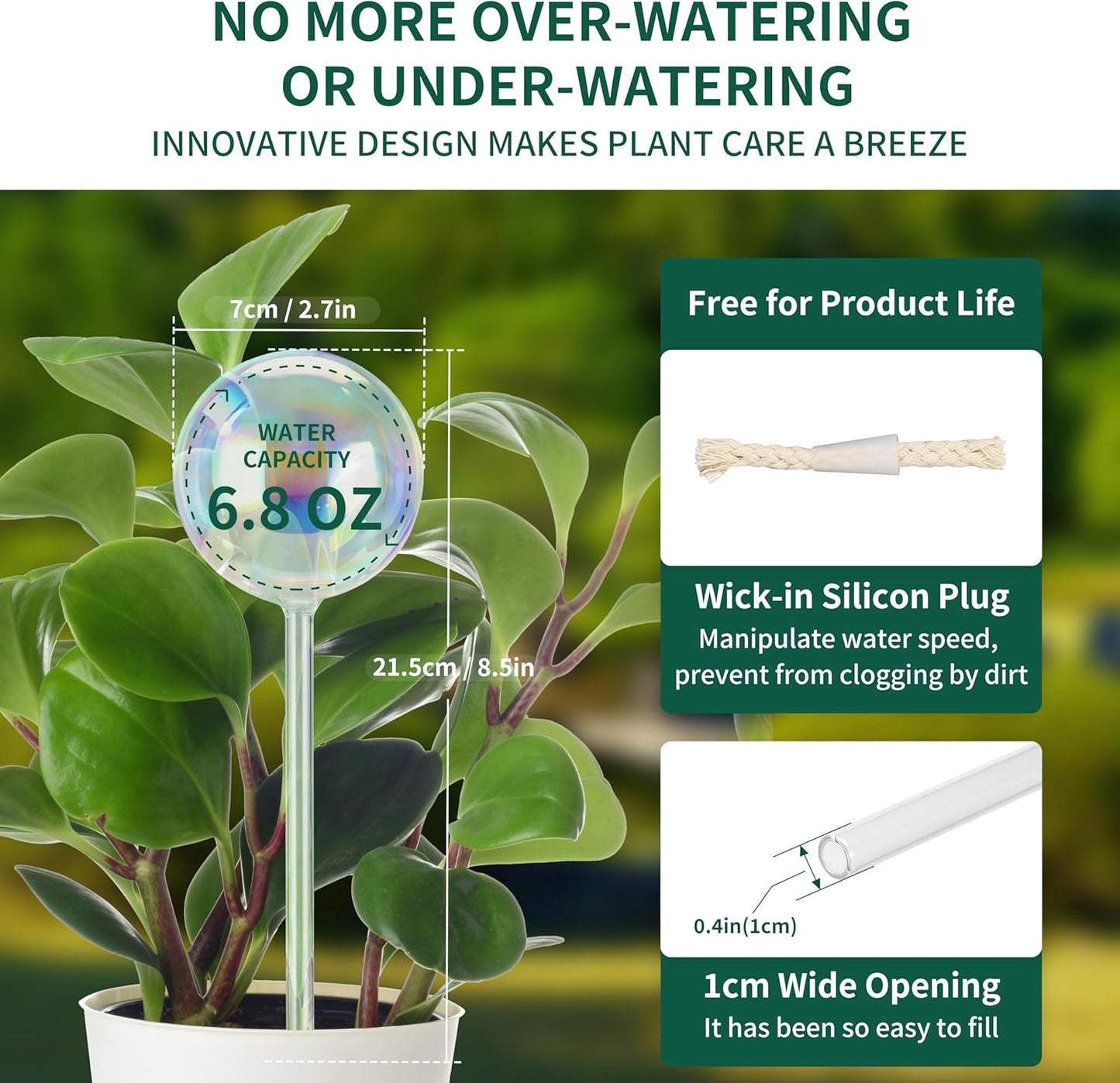 6.4 oz Medium Plant Self Watering Globes, Light Iridescent Glass Water Bulbs for Indoor Plants, Vacation Watering System, Self-Watering Stakes, Automatic Plant Waterer, 4 Pack