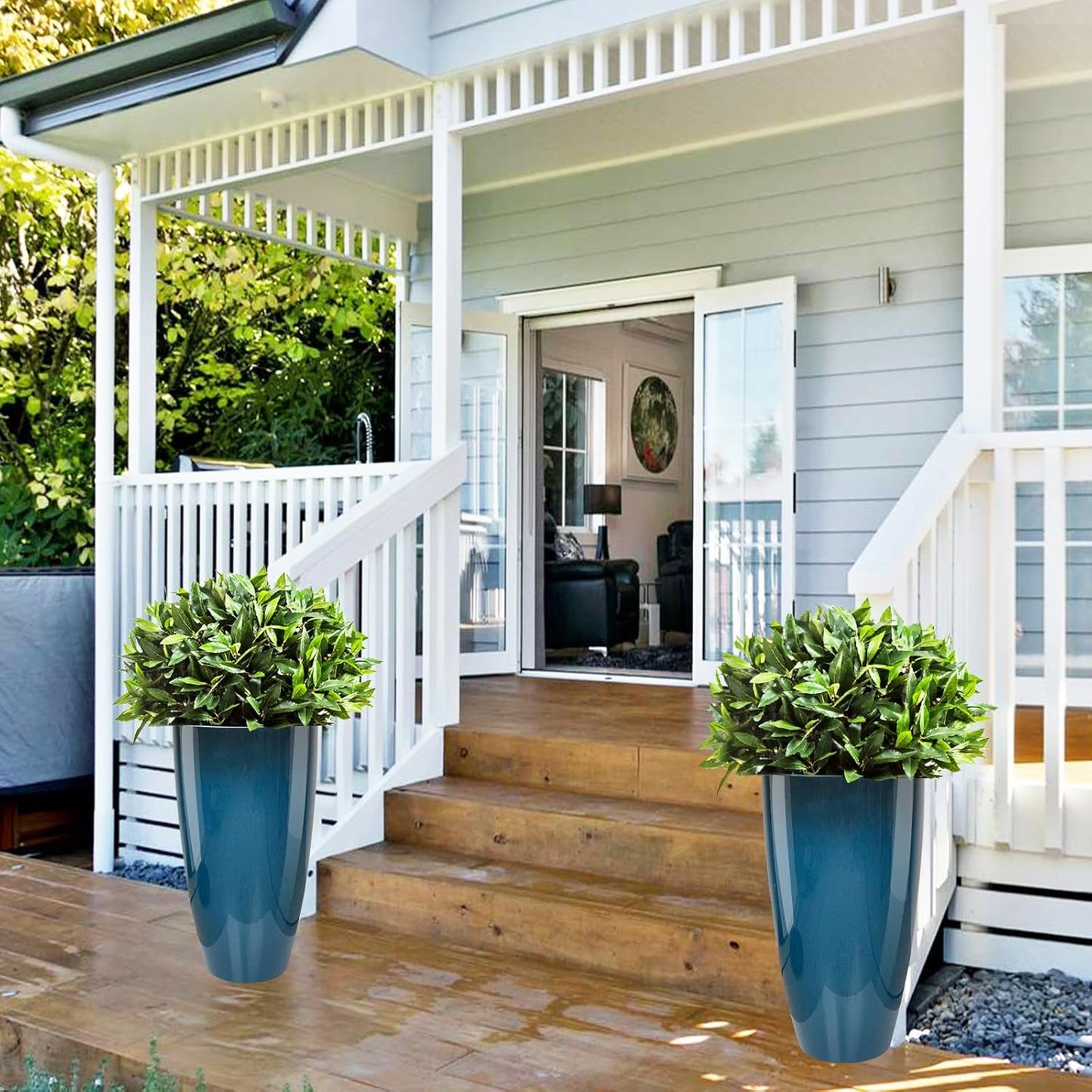 21 inch Tall Planter, Indoor Outdoor Planter Set of 2 Tall Outdoor Planters for Porch Large Planter Pot with Drainage Hole for Home Garden Front Door (Blue)