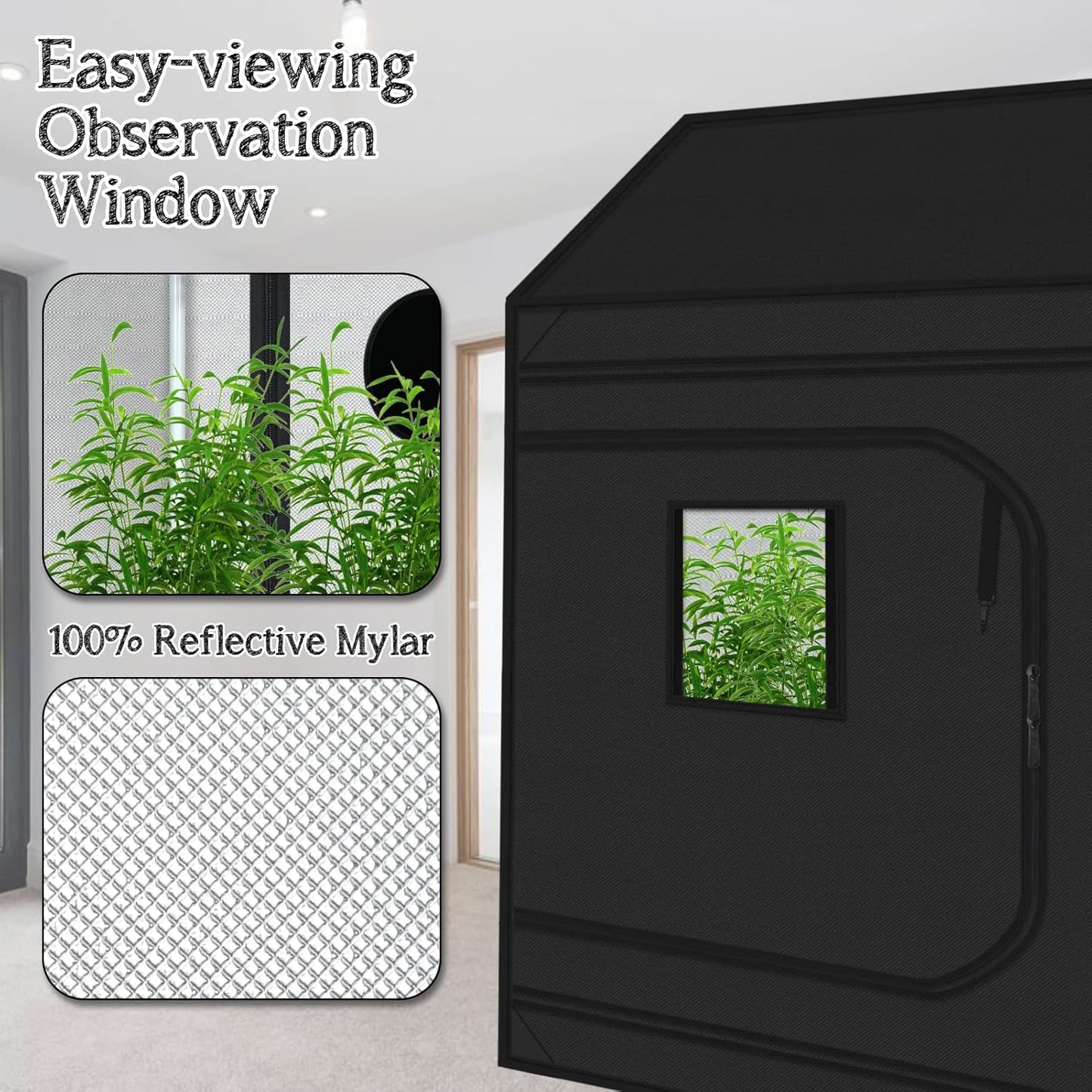 zazzy 4x8 Grow Tent, 96"x48"x72" Roof Cube Indoor Plant Grow Tents with Observation Windows, Lightproof Roof Cube Mylar Hydroponic Growing Tent with Floor Tray Plant Growth