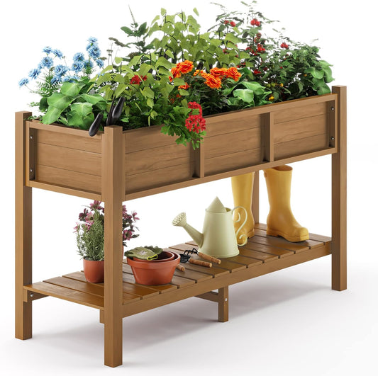 LUE BONA Raised Planter Box with Legs, 47 * 18 * 29 in, Raised Garden Bed with Tools and Storage Shelf, Weather Resistant, 3-Year Warranty, Standing Growing Bed Herb Planter for Vegetable, Brown