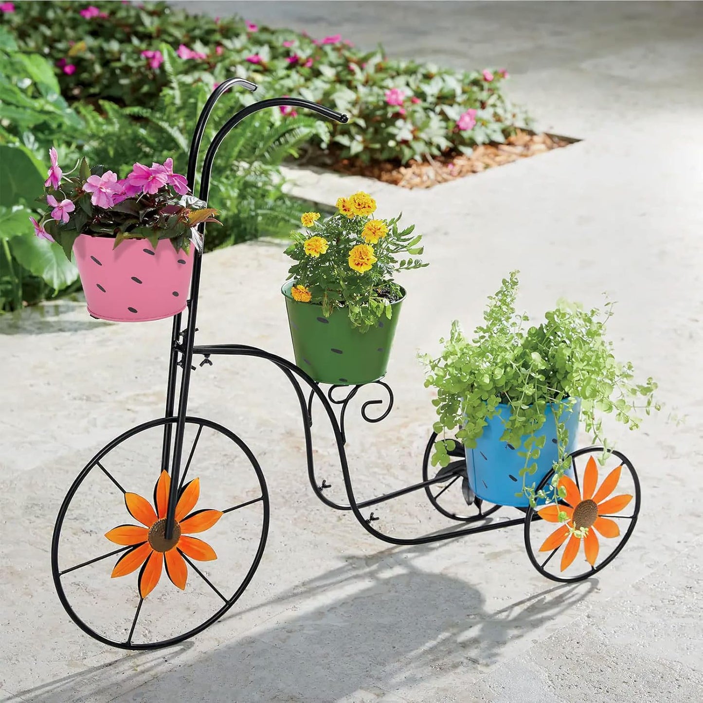 BAYN Bicycle Planter Stand, Metal Flower Pot Cart Holder with 3 Plant Bucket Outdoor Decorative for Patio, Deck, Garden or Lawn