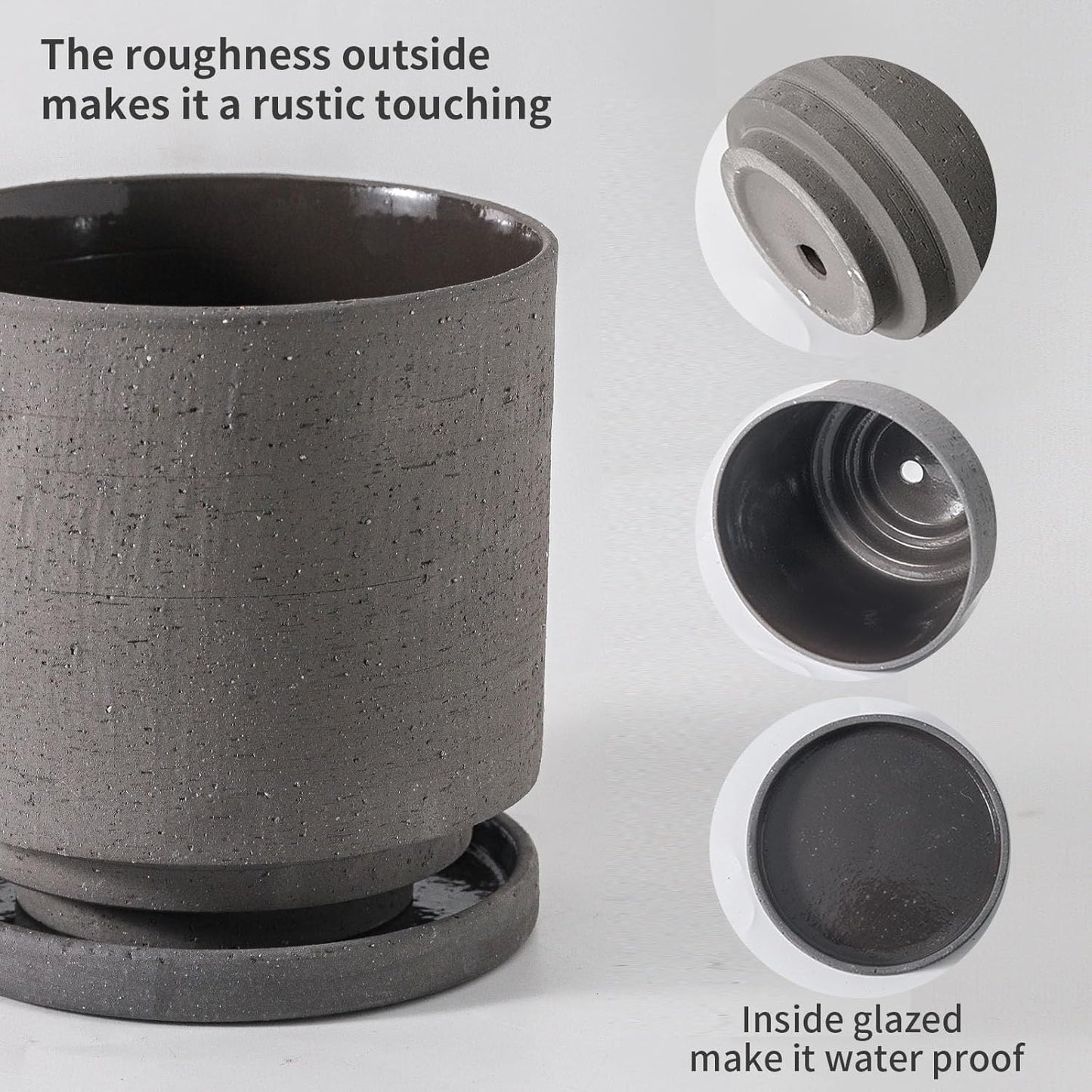Nihow 5.7 Inch Plant Pot, Ceramic Pots for Plants with Drainage Hole and Saucer, Plant Pots Indoor for Home Garden Patio Office, Cylinder Planters for Indoor Plants, Charcoal Gray