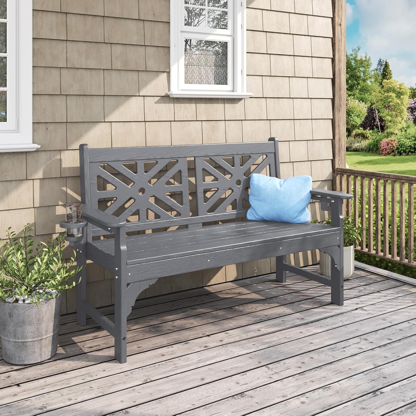 Oversized Outdoor Bench with Cup Holders, 51.5” HDPE Aesthetic Garden Bench for 2 Person, Memorial Benches - Easy Assembly & All Weather, for Porch & Patio, 800lbs Load Capacity (Grey, 1pc)