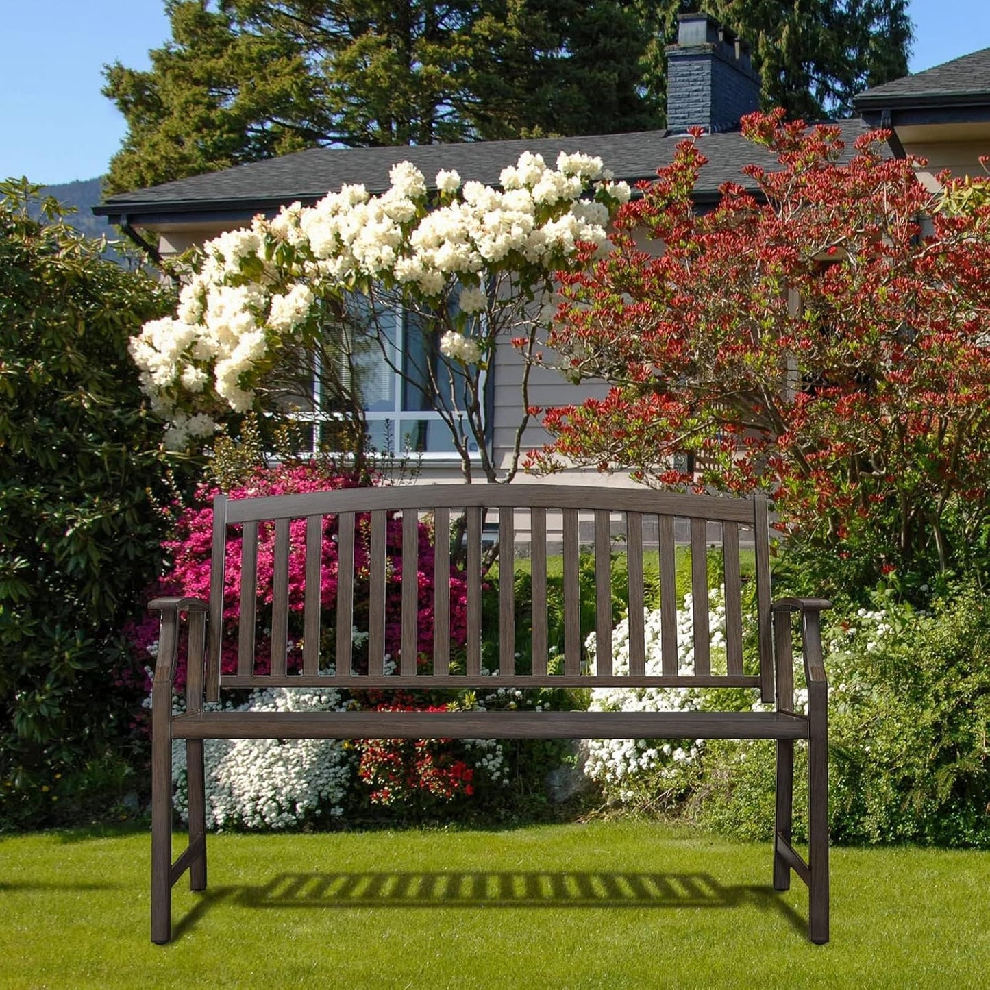 Grand patio 52" Farmhouse Outdoor Bench, Garden Benches with Rust Free Metal Powder Coated Frame and Aluminum Backrest, Faux Wood Grain Finish Frame Patio Bench for Front Porch, Northwoods Brown