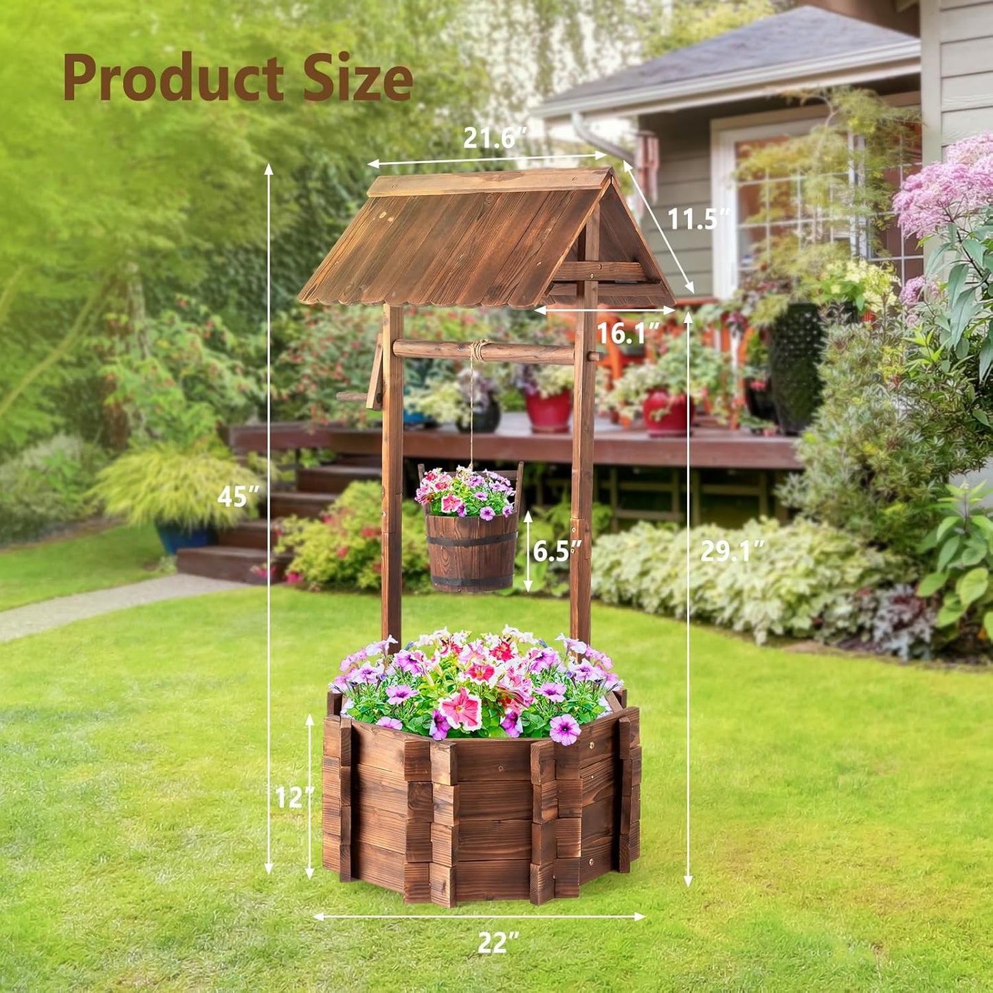 VINGLI Wooden Wishing Well Outdoor Planters, Well Covers for Yard with 2 Reinforced Rods, Height Adjustable Hanging Bucket, Rustic Flower Pot Home Decor for Outside Patio Garden