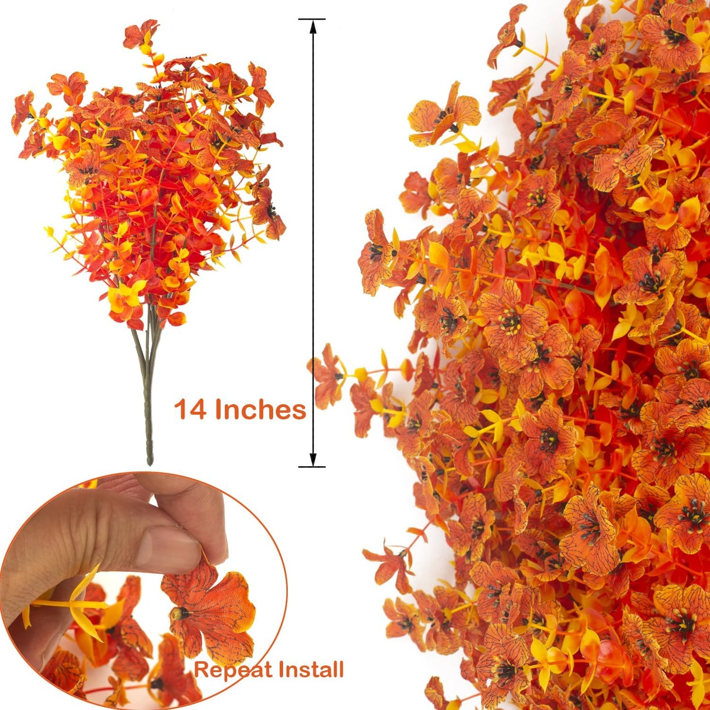 16 Bundles Artificial Fall Flowers for Outdoors Fake Plants UV Resistant Plastic Plants Shrubs Bushes for Home Fall Front Door Porch Garden Autumn Decor (Fall Orange)