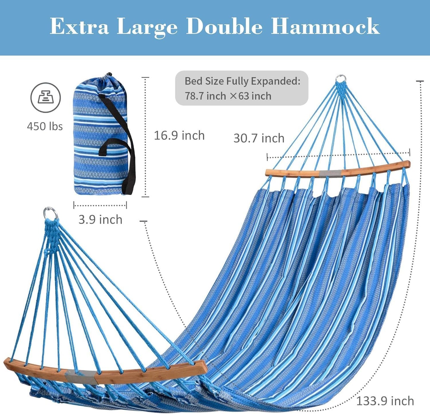 SUNCREAT Hammocks Double Hammock with Curved Spreader Bar, Outdoor Portable Hammock with Carrying Bag & Tree Straps for Bedroom, Patio, Backyard, Balcony, Max 450lbs Capacity, Blue
