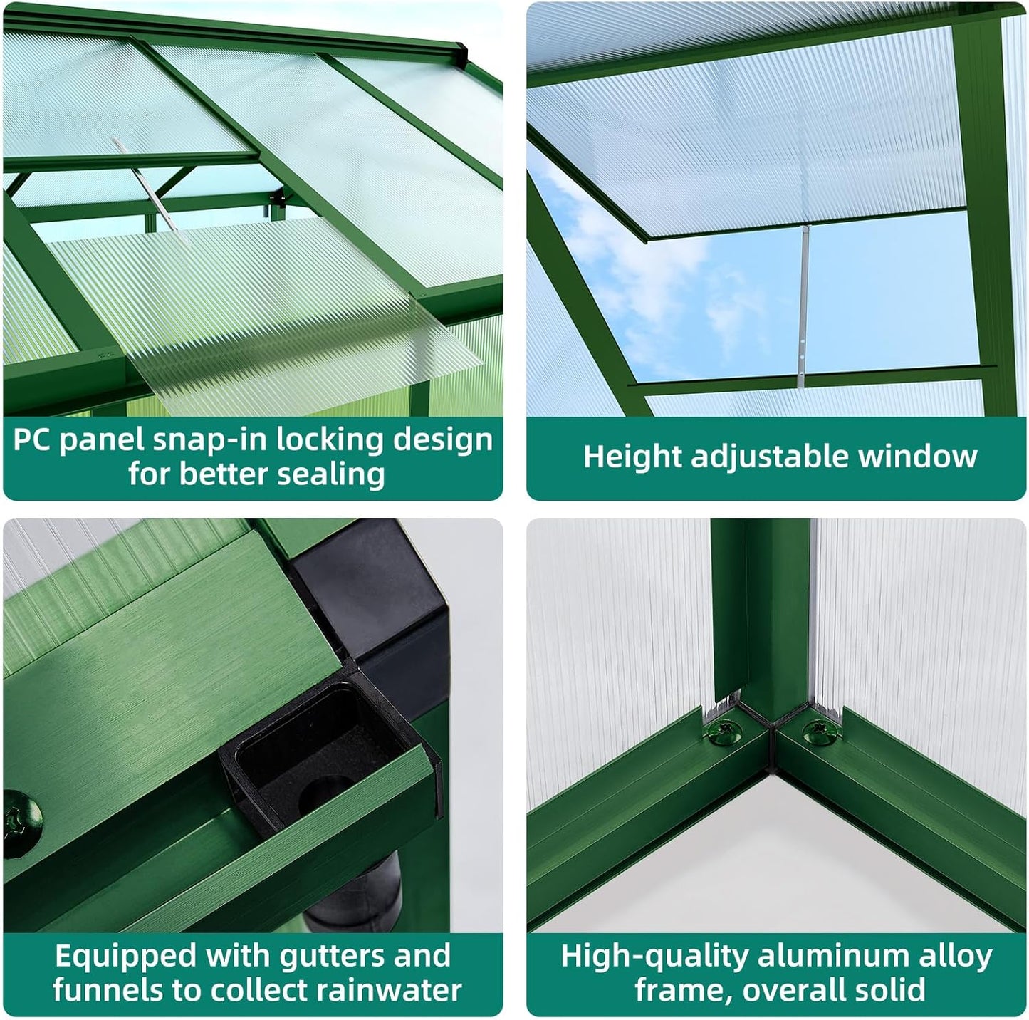 Garvee 6x8 ft Greenhouse - Aluminum Greenhouses for Outdoors, Large Polycarbonate Greenhouse with Roof Vent, Heavy Duty Walk-in Green Houses for Outside Garden, Backyard, Patio, Lawn, Easy Assembly