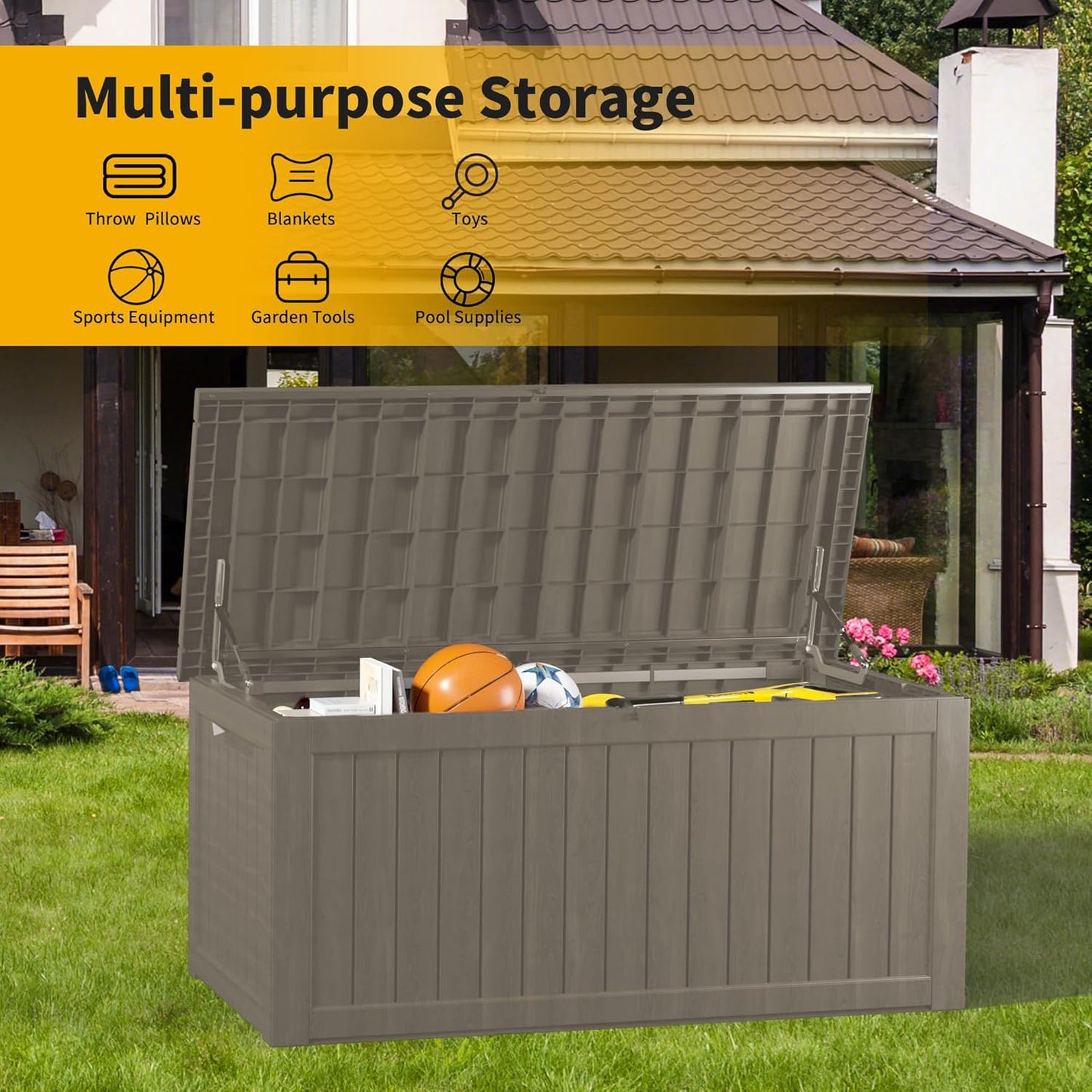 230 Gallon Double-Wall Resin Deck Box - Lockable Waterproof Outdoor Storage Box, 1000lbs Capacity & Doubles as Seating for Patio Furniture - Garden Tools, Pool Accessories (Brown)