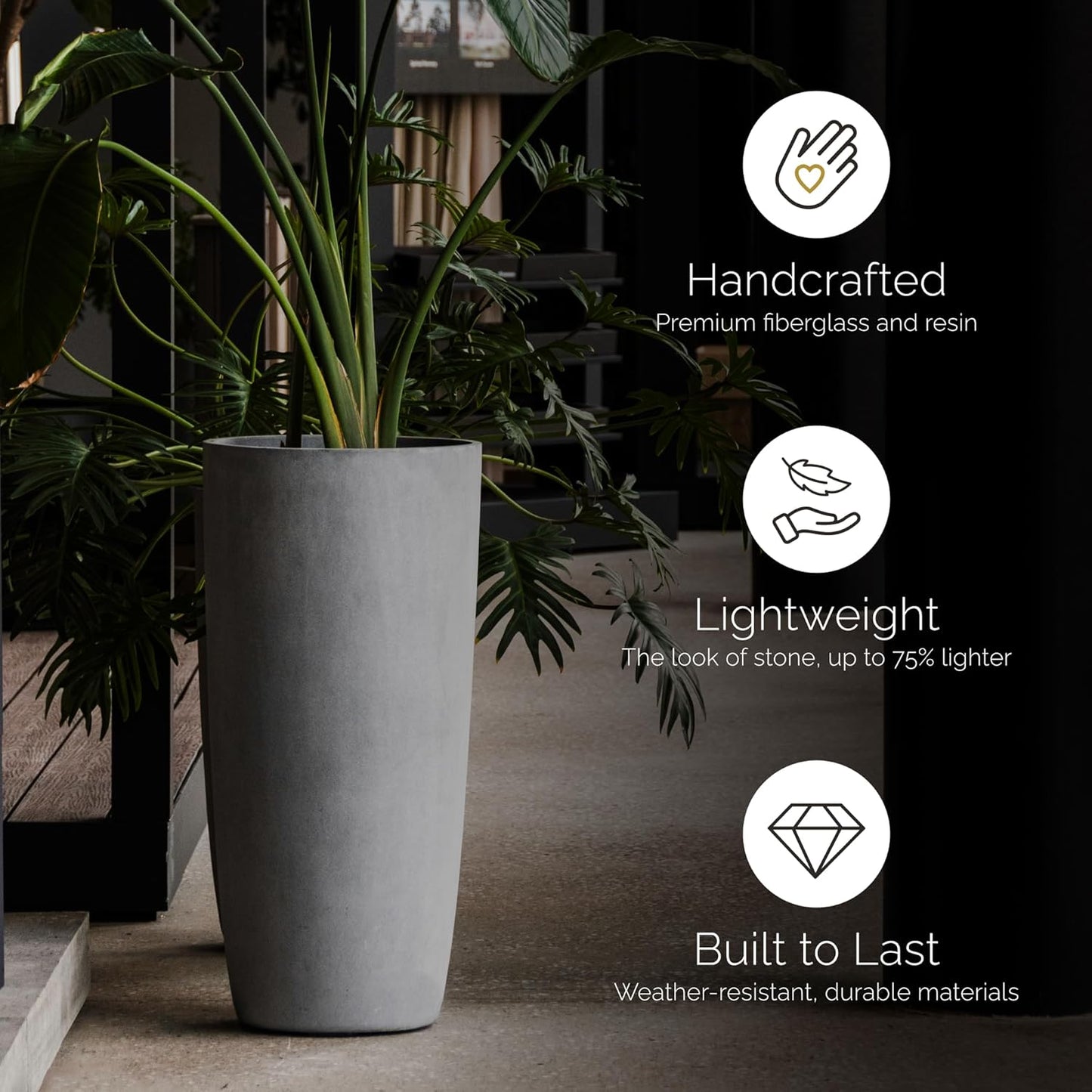 Lofto Tall Planter – Grey Stone Finish – Fiberglass Indoor/Outdoor and Weather-Resistant Large Planter (19.7" D x 43.7" H Exterior, 18.5" D x 43.3" H Interior)