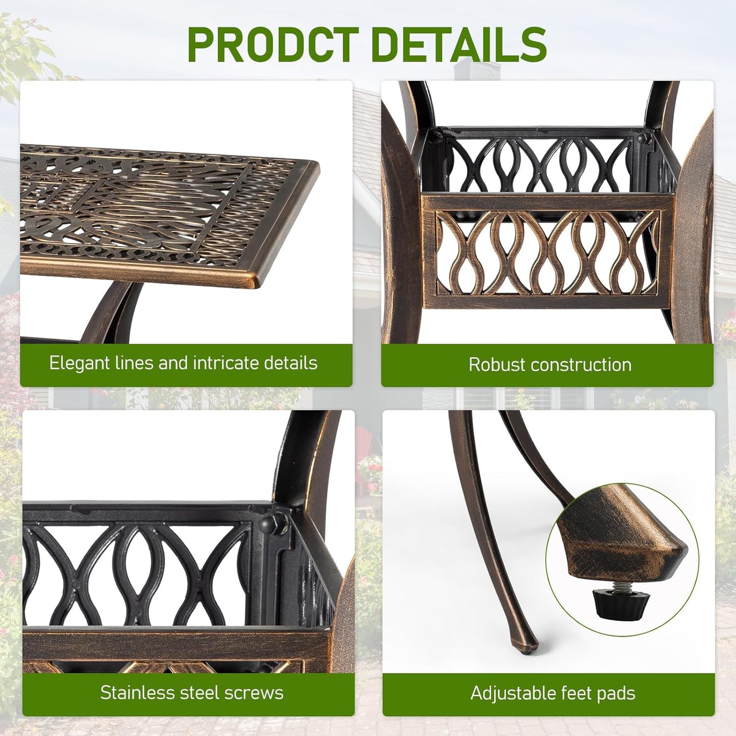 Outvita Patio Side Table, 35.4in Outdoor Square Cast Aluminum Bistro Table with Umbrella Hole and Antique Design for Backyard Porch Pool Balcony Deck Bronze