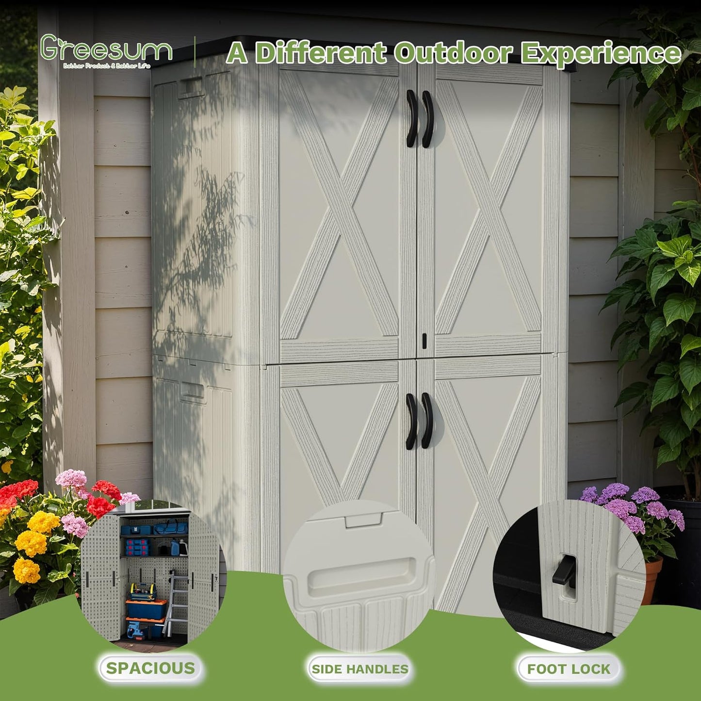 Greesum Outdoor Storage Cabinet, 50 Cu.Ft Deck Box Without Shelves, Waterproof Plastic Storage Bin for Patio Cushions, Gardening Tools, Lockable and Sidehandles, UV Resistant, Beige