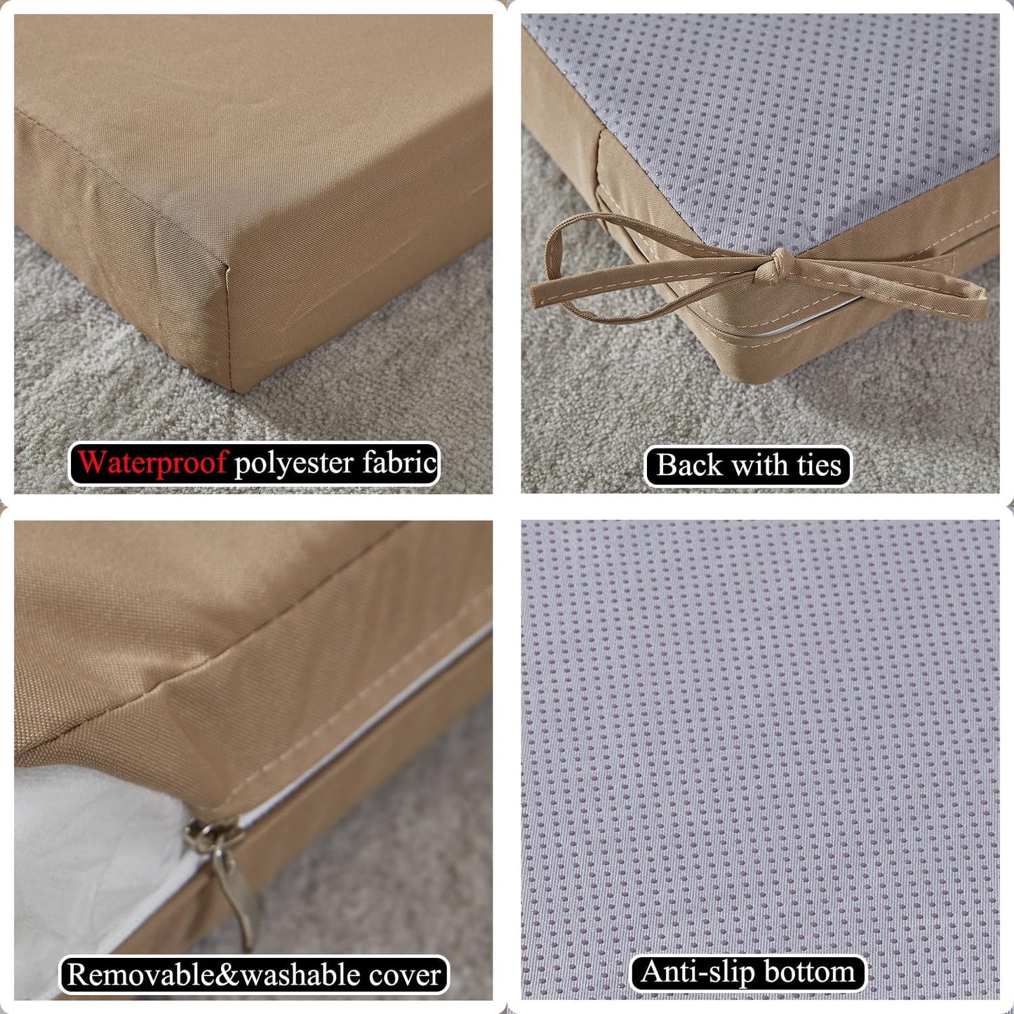 17 x 17 Inch Outdoor Seat Cushions for Patio Furniture with Non Slip and Ties Waterproof & UV Resistant Round Corner Outdoor Chair Cushions Replacement Set of 2, Khaki