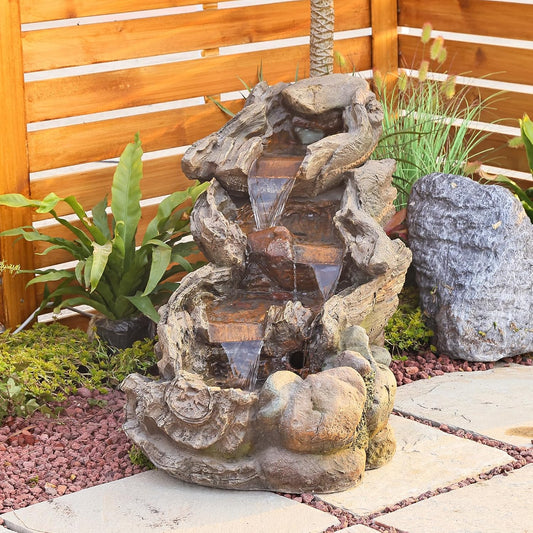 Garden Outdoor Water Fountain - 42.1 Inches Cascading Tiered Wood River Outdoor Fountain with LED Lights and Pumps for Garden, Patio, Backyard, Deck, Porch, Pond and Home Art Decor