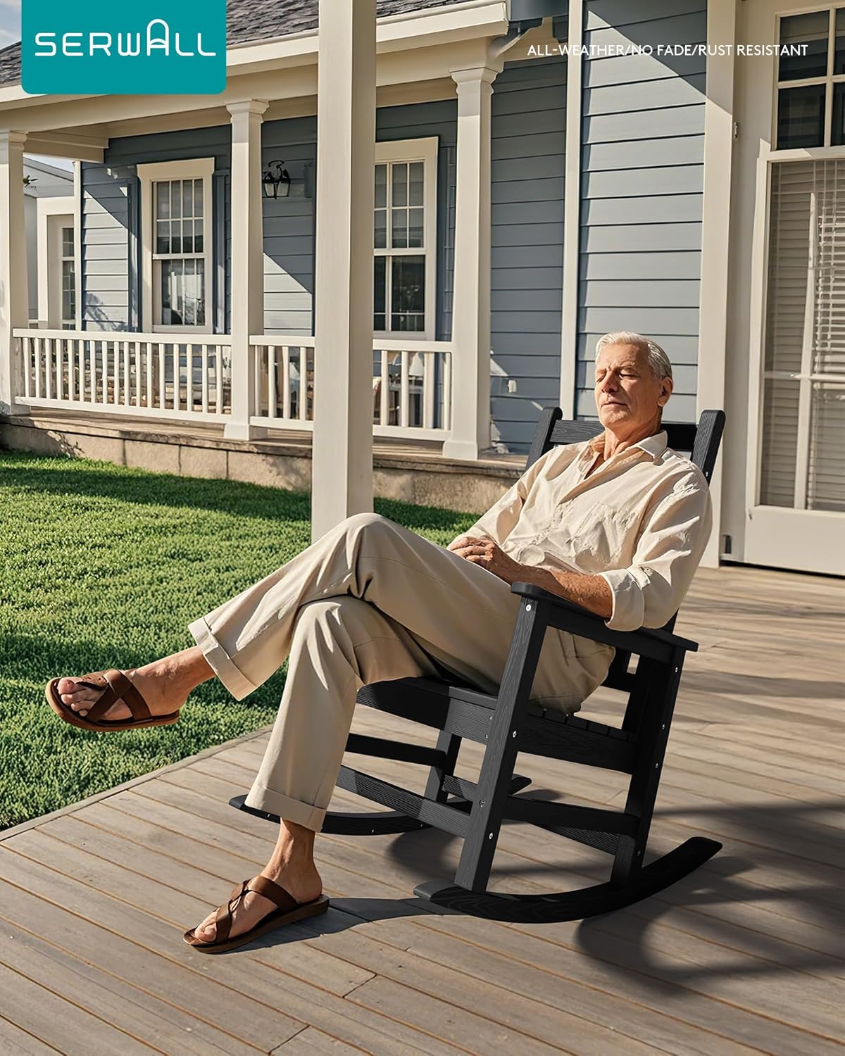 SERWALL Outdoor Rocking Chair Set of 4,HDPE Rocking Chairs for Adult, All Weather Porch Rockers for Lawn Garden, Black